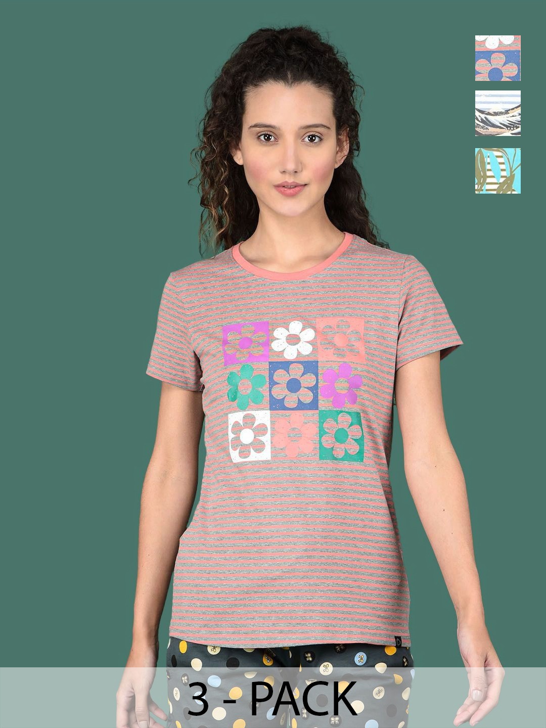 

Dollar Pack Of 3 Women Graphic Printed Round Neck Cotton T-shirts, Grey