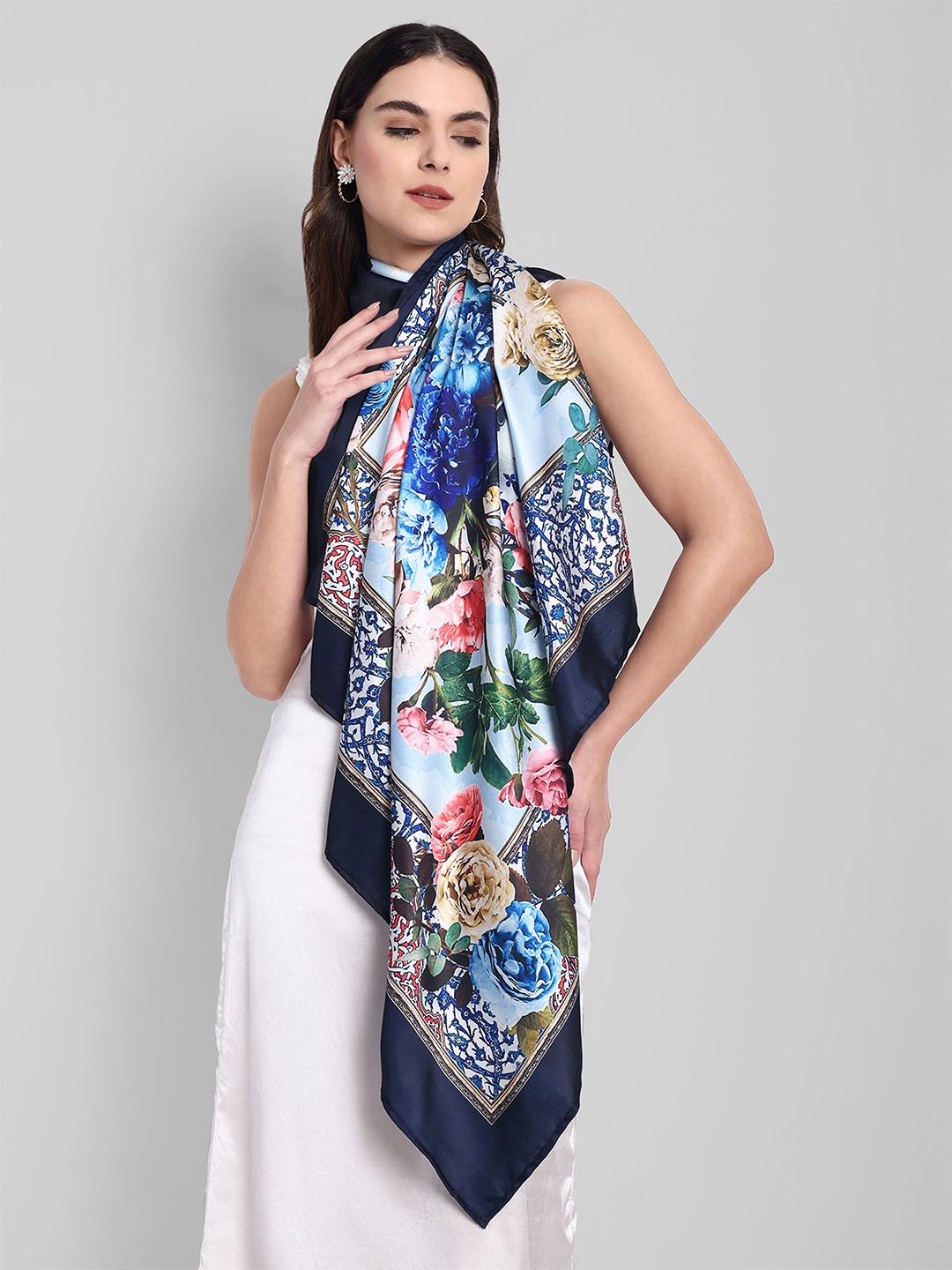 

Sarisp Women Floral Printed Satin Scarf, Navy blue