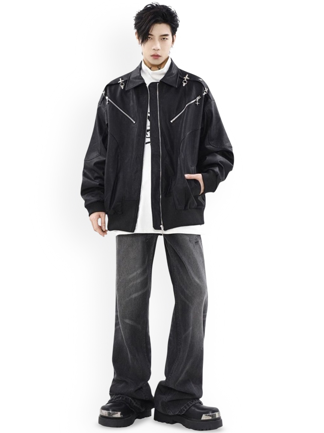 

HERE&NOW Men Spread Collar Solid Casual Leather Jacket, Black