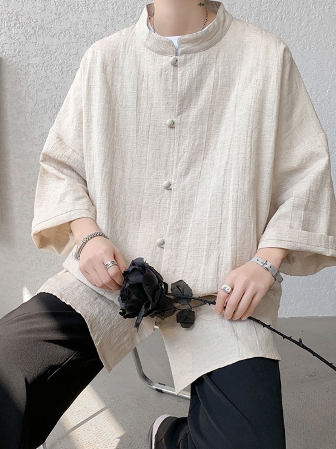 

HERE&NOW Men Original Self Design Opaque Drop-Shoulder Sleeves Casual Shirt, Cream