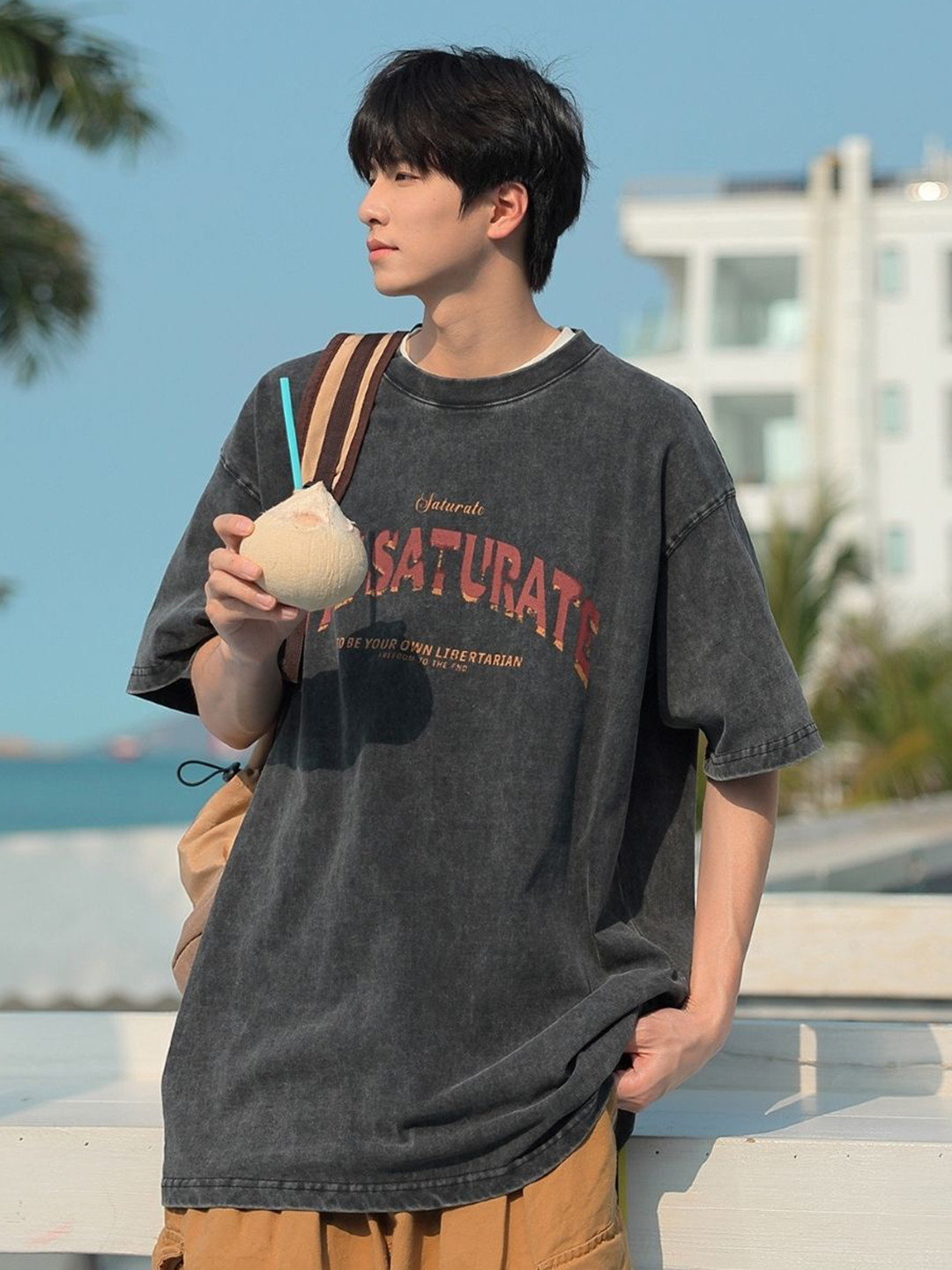 

HERE&NOW Men Typography Printed Round Neck Cotton Oversized T-shirt, Grey