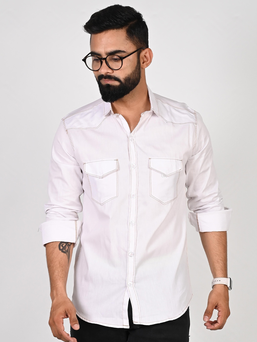 

Tanip Men Spread Collar Solid Cotton Casual Shirt, White