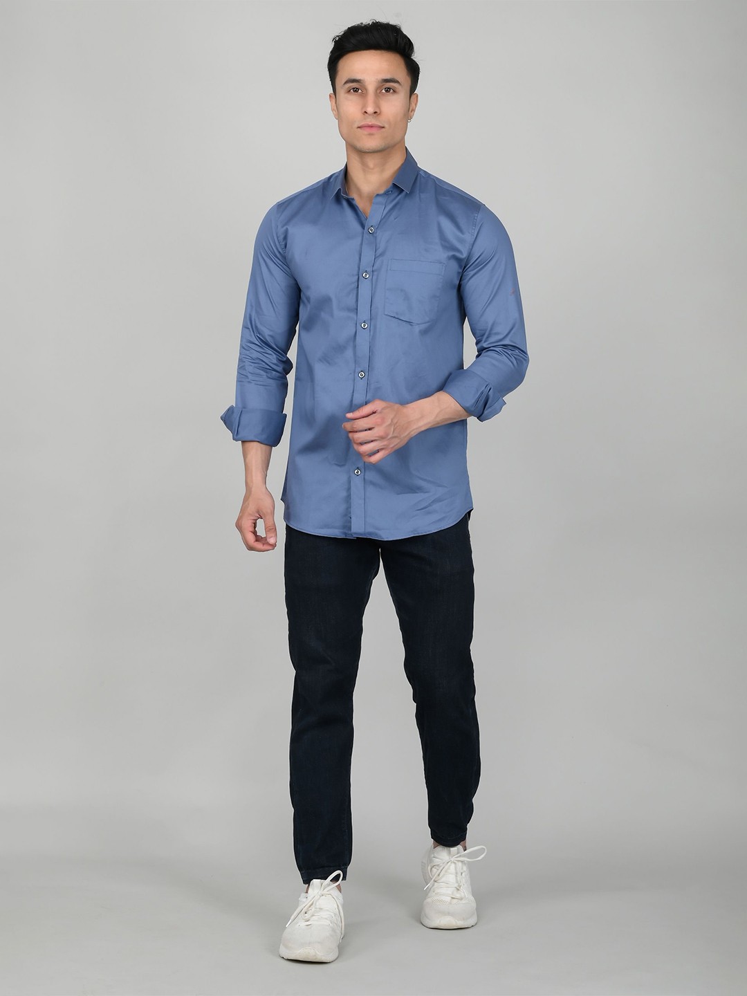

Tanip Men Spread Collar Solid Cotton Casual Shirt, Teal
