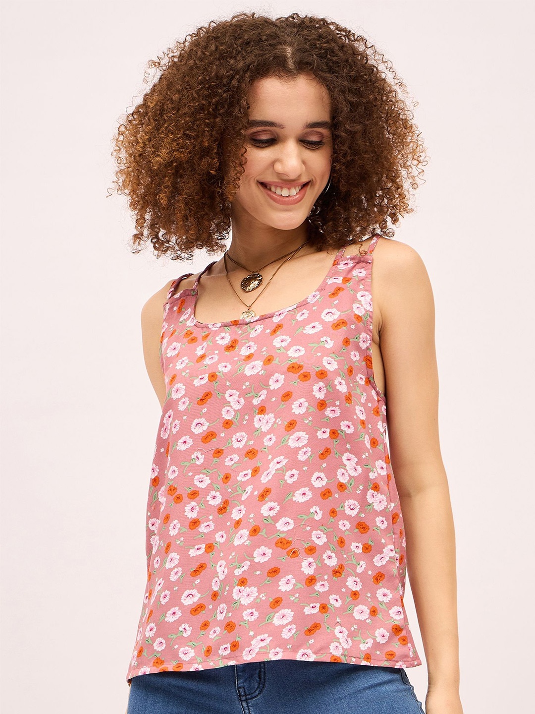 

Mayra Women Floral Printed Cotton Shoulder Straps Top, Pink
