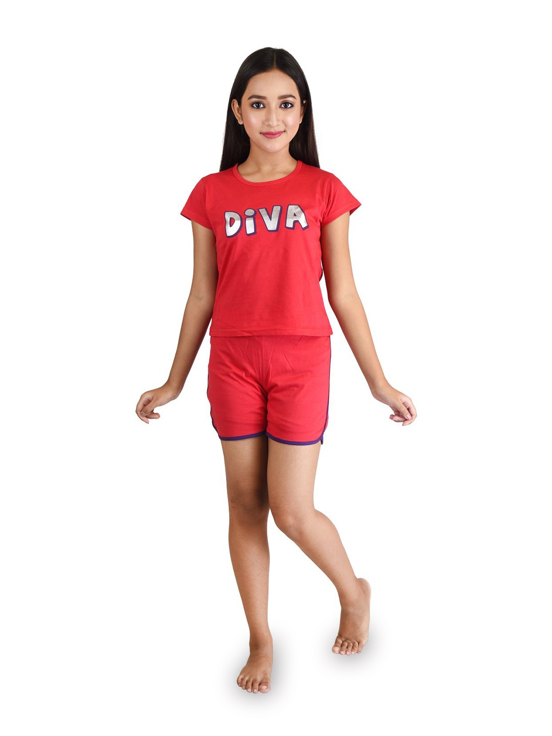 

Clothe Funn Girls Printed Round Neck Short Sleeves Pure Cotton T-Shirt With Shorts, Red