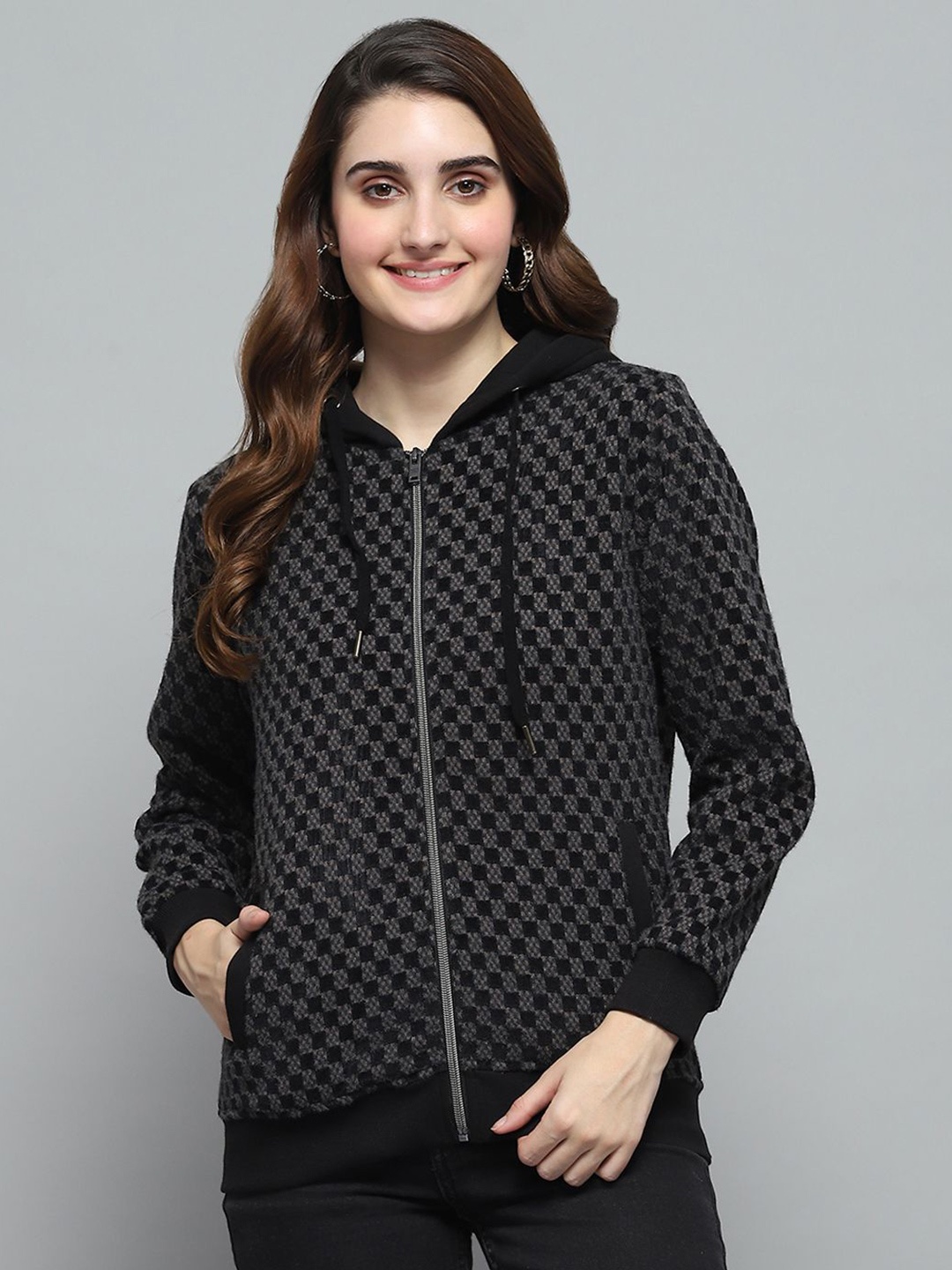 

Monte Carlo Women Self Design Hooded Pullover Sweatshirt, Black
