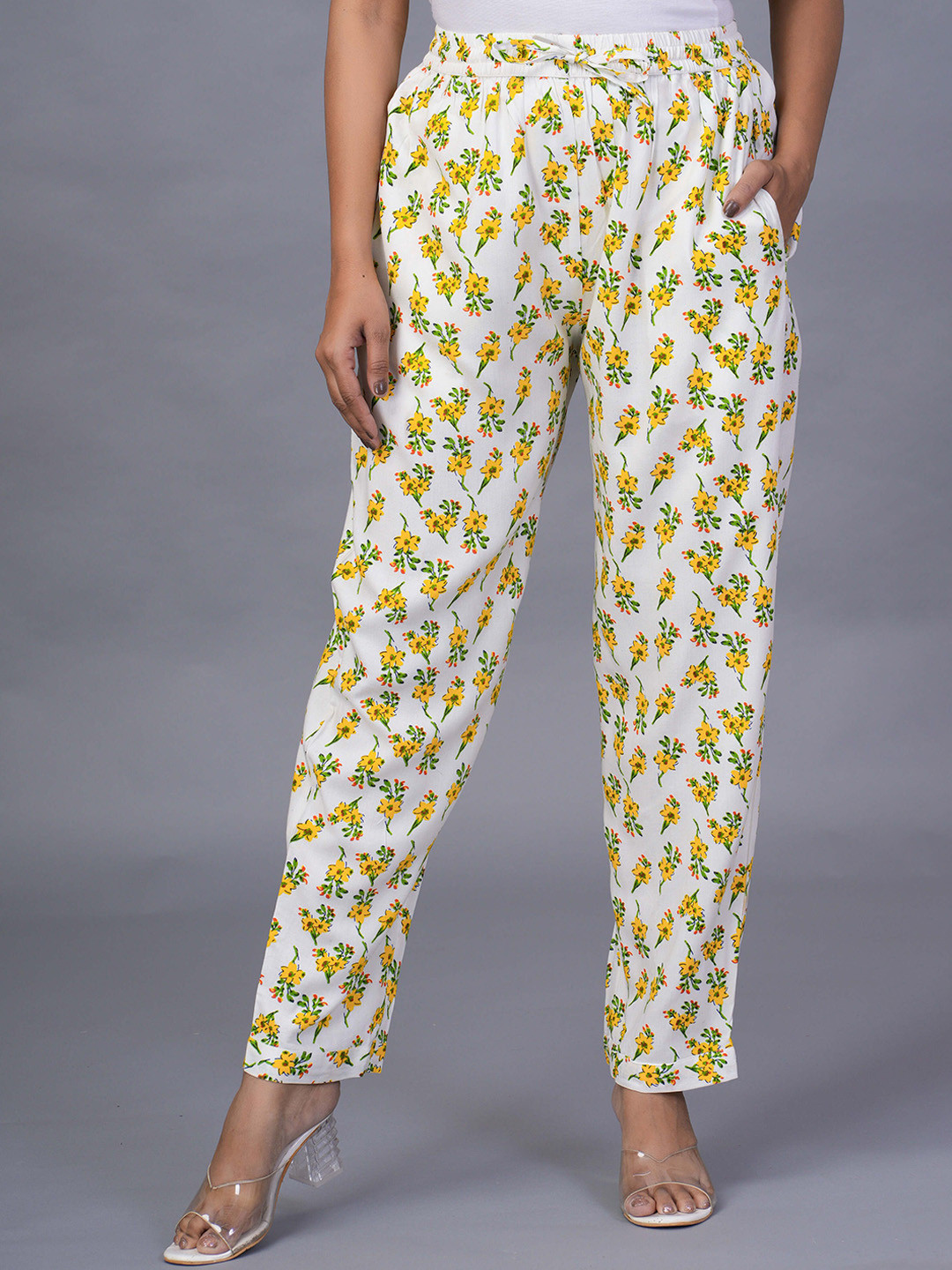 

KALINI Women Floral Printed Trousers, White
