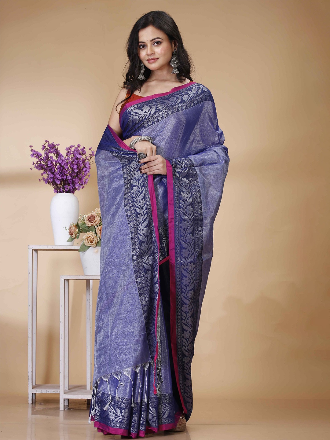 

Ruuprekha Floral Pure Cotton Fusion Khadi Saree, Purple