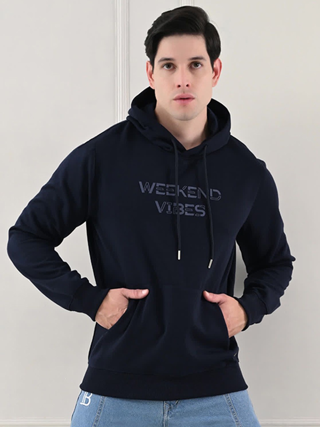 

STARFOX Men Typography Printed Hooded Oversized Sweatshirt, Navy blue