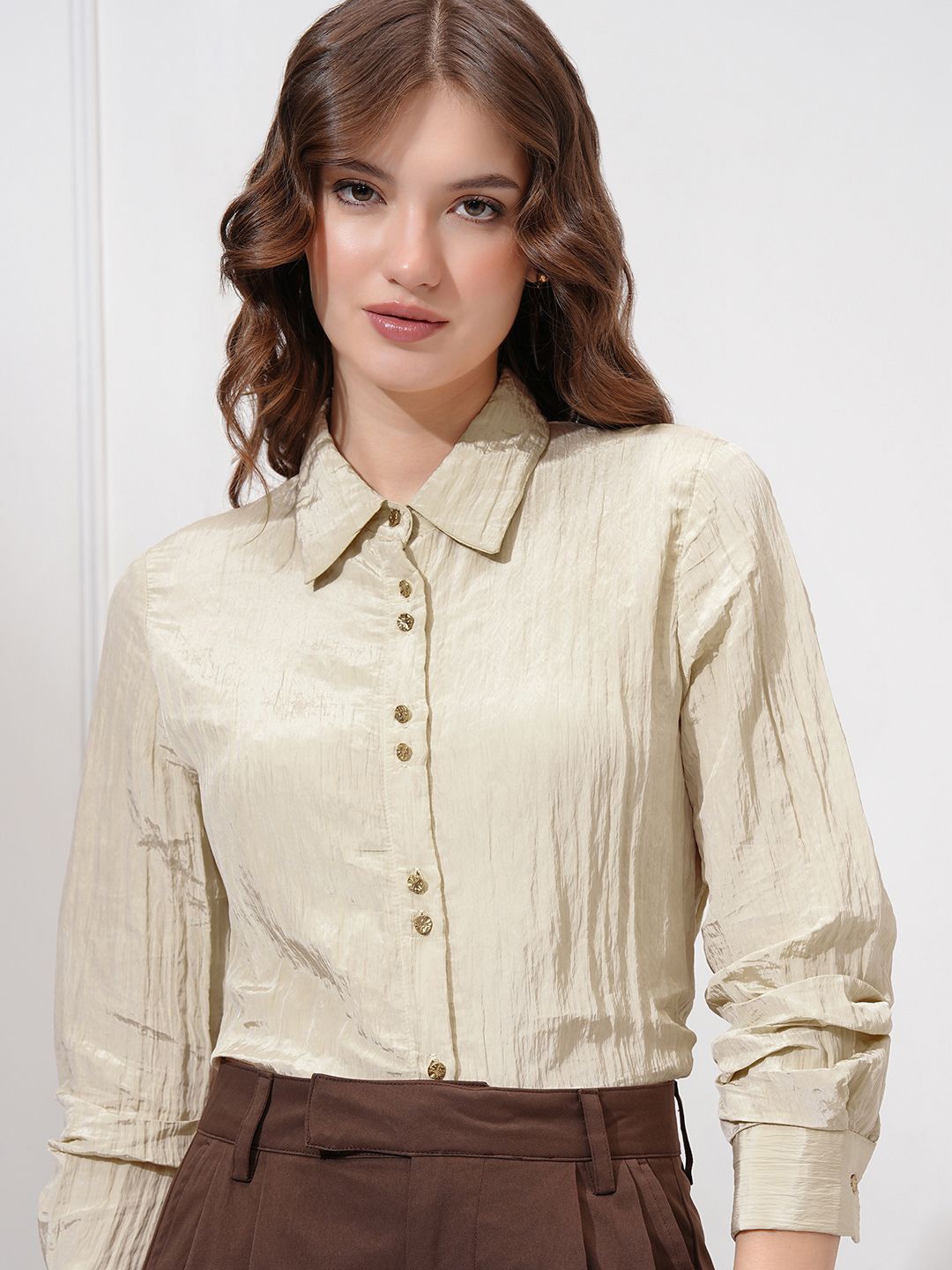 

CHIC BY TOKYO TALKIES Women Spread Collar Textured Casual Shirt, Beige
