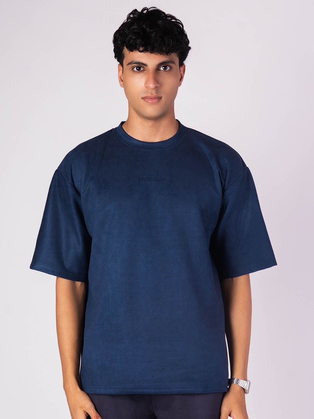 

HOP HEAD Embroidered Suede Baggy T-Shirt, Navy blue