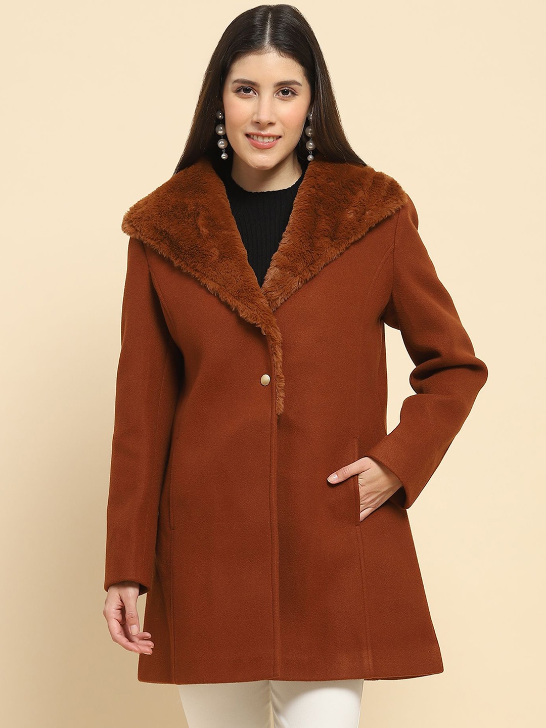 

Global Republic Women Shawl Collar Single-Breasted Overcoat, Brown