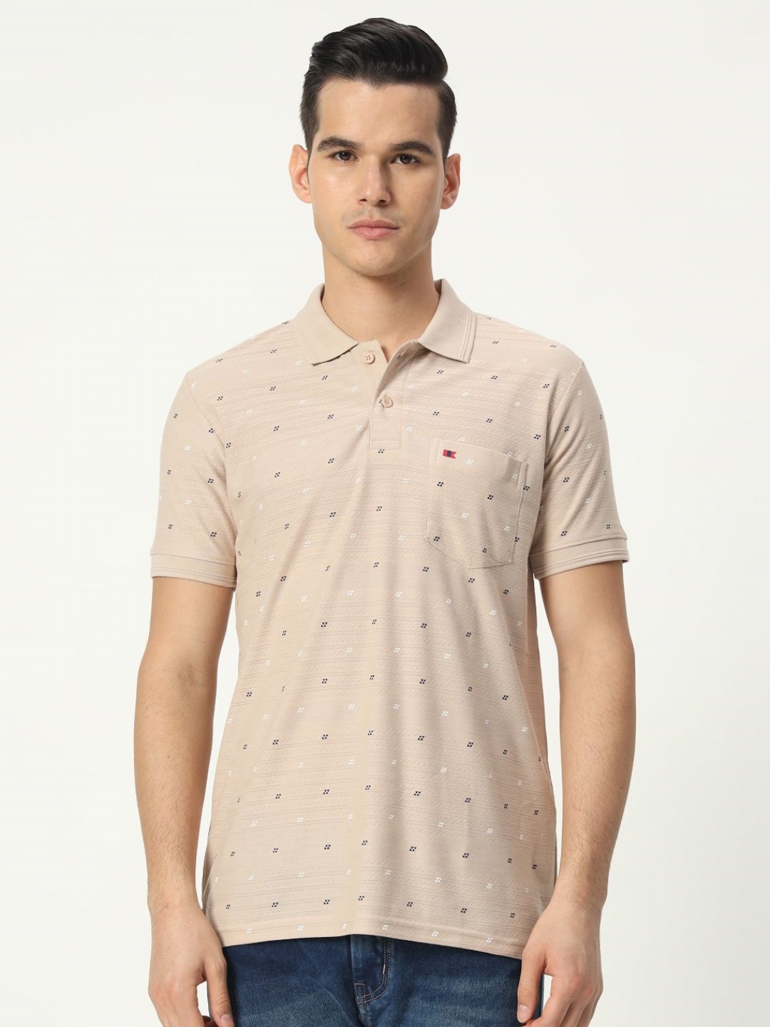 

TAB91 Men Self Design Polo Collar Cotton T-shirt, Beige