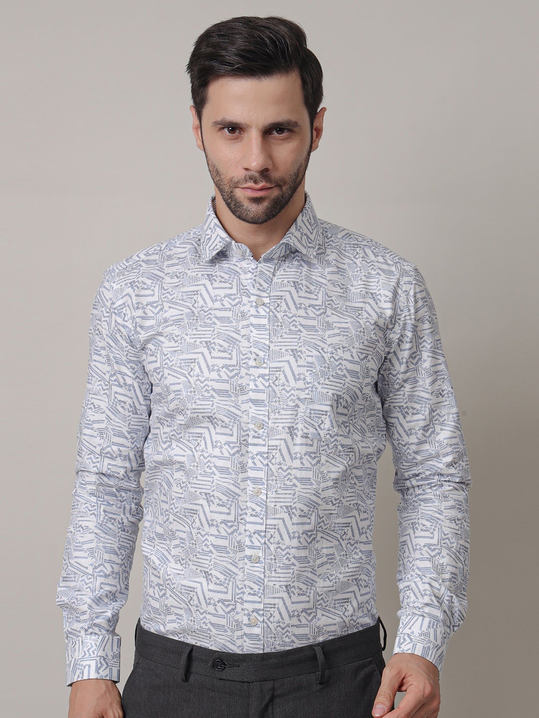 

John Philips Men India Slim Spread Collar Abstract Printed Formal Shirt, White