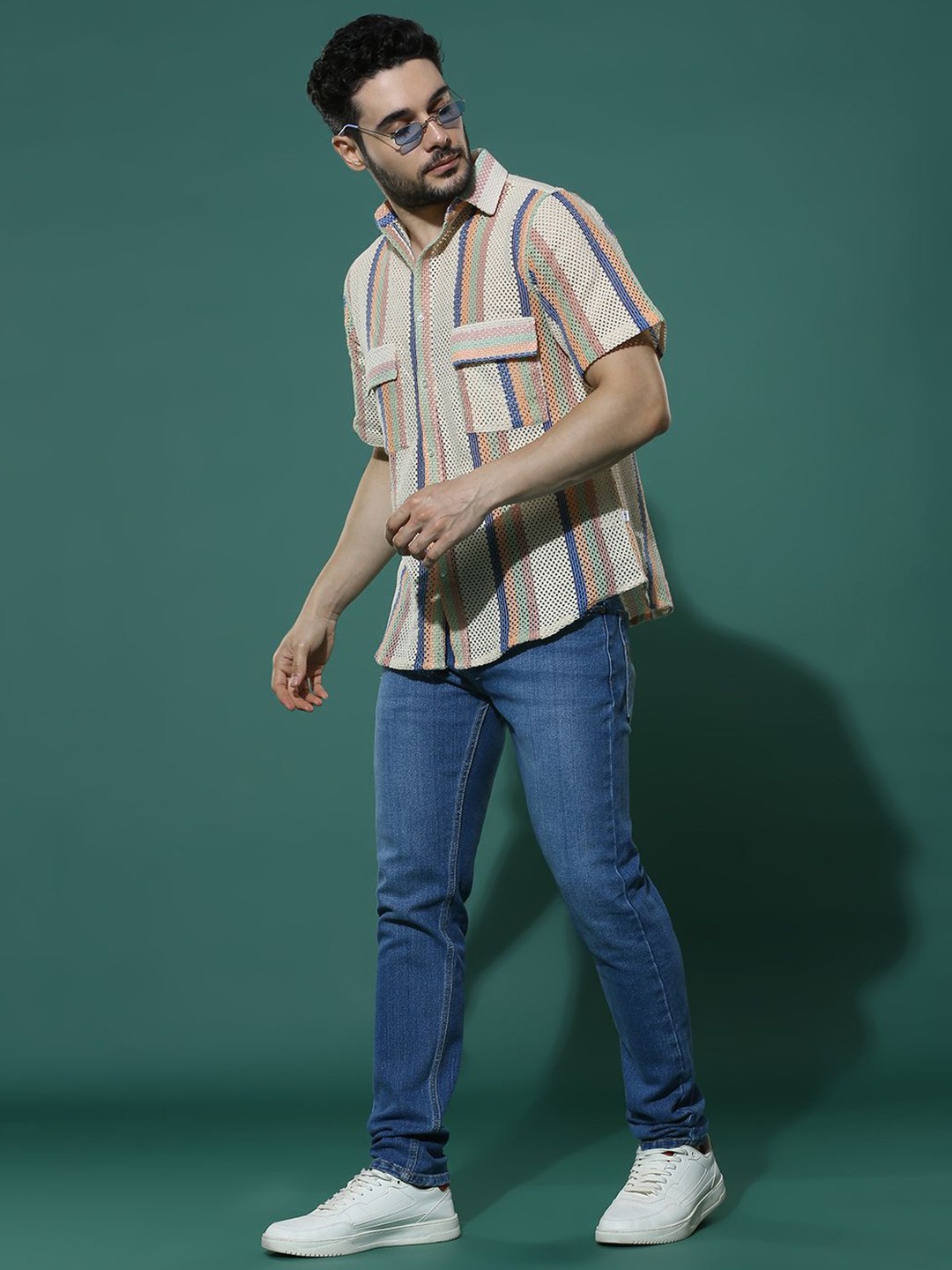 

HERE&NOW Men Spread Collar Vertical Striped Polycotton Casual Shirt, Beige