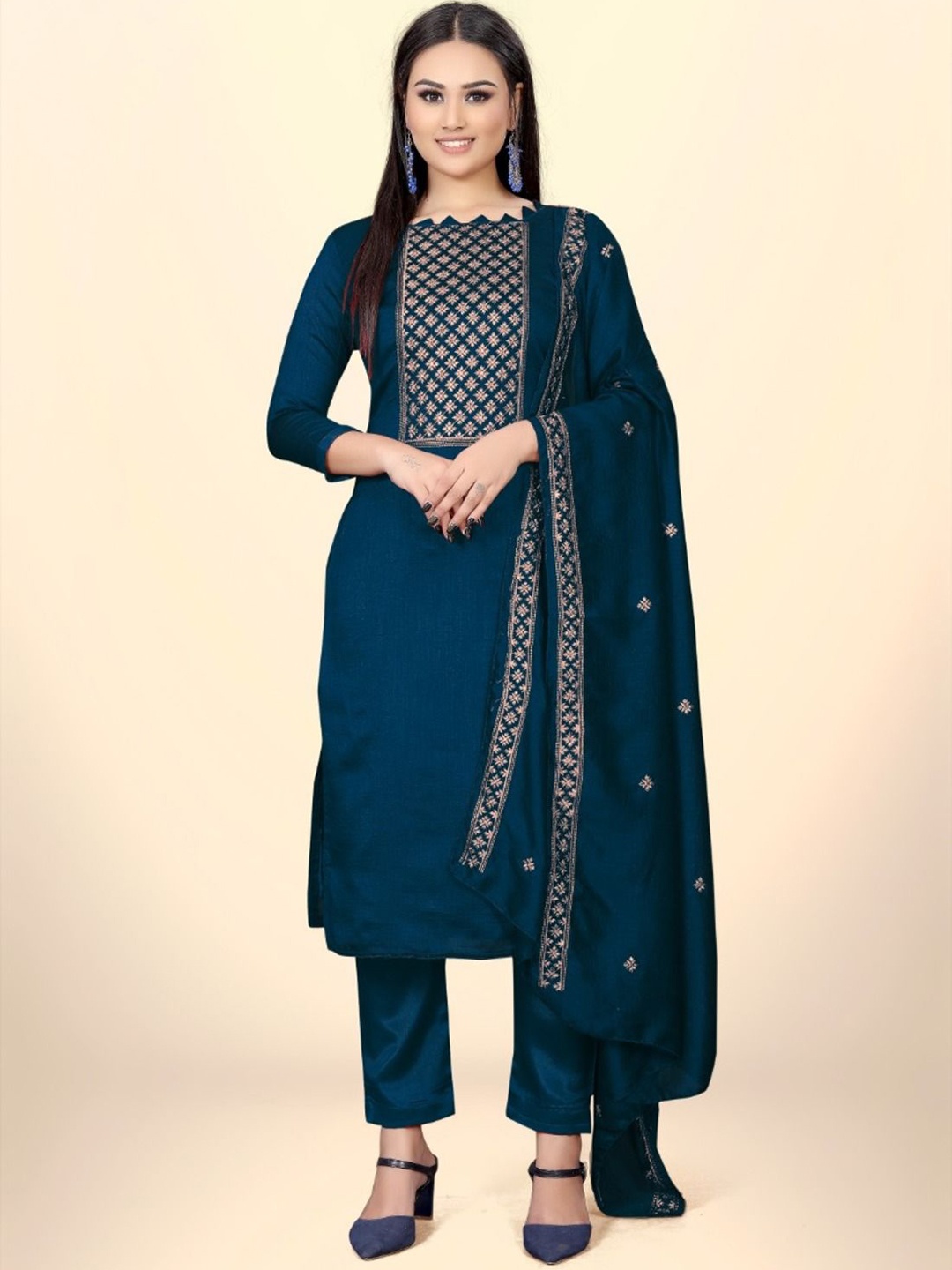 

JULEE Geometric Embroidered Pure Silk Unstitched Dress Material, Blue