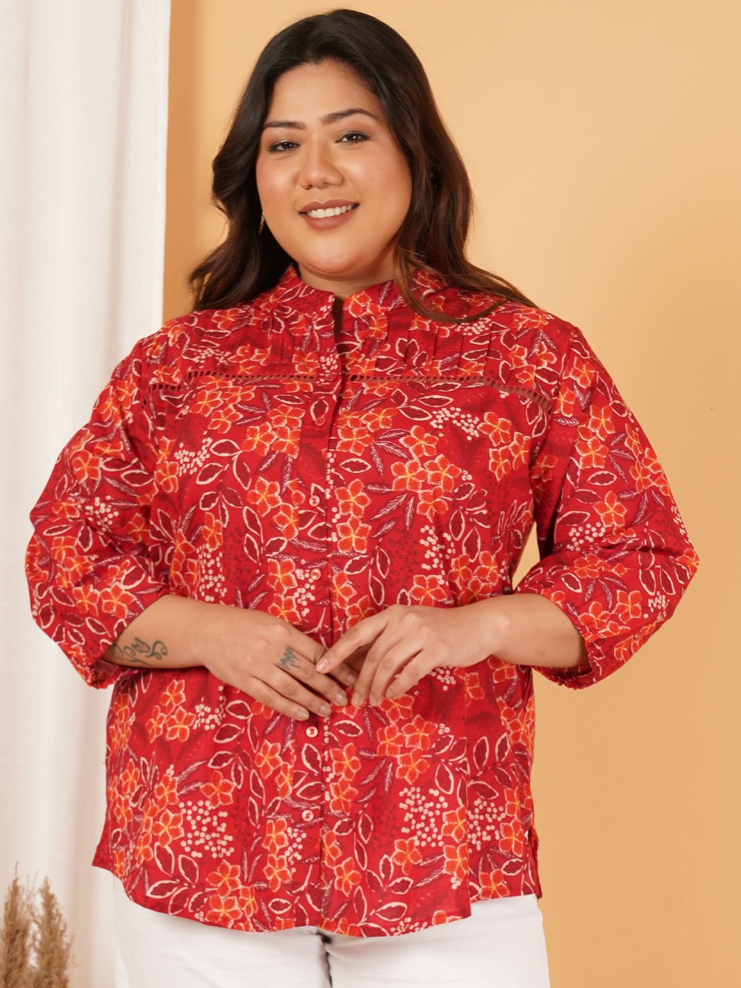 

Indietoga Women Plus Size Cotton Floral Printed Mandarin Collar Shirt Style Top, Red