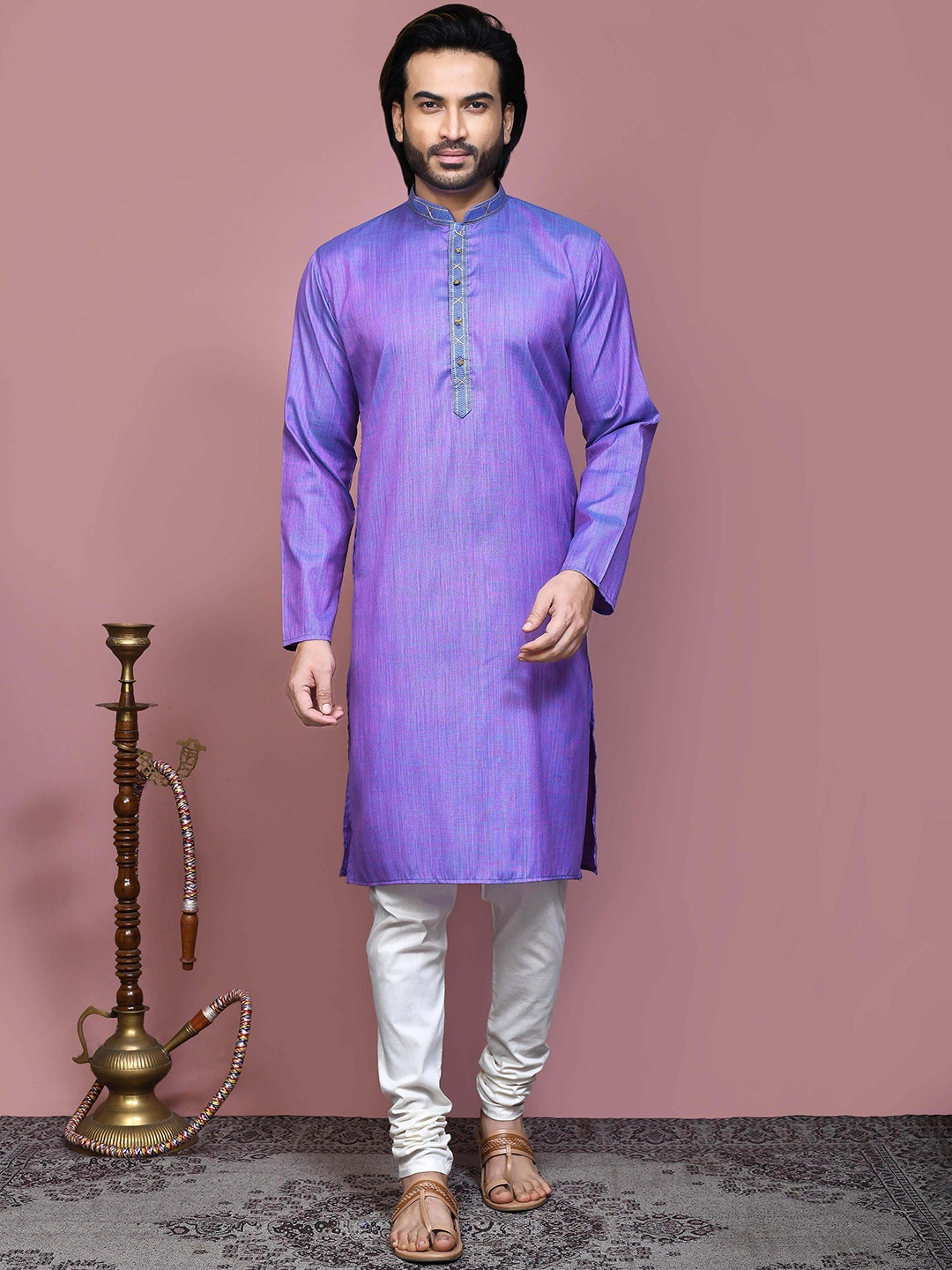 

RANAK Mandarin Collar Long Sleeves Regular Straight Kurta, Purple