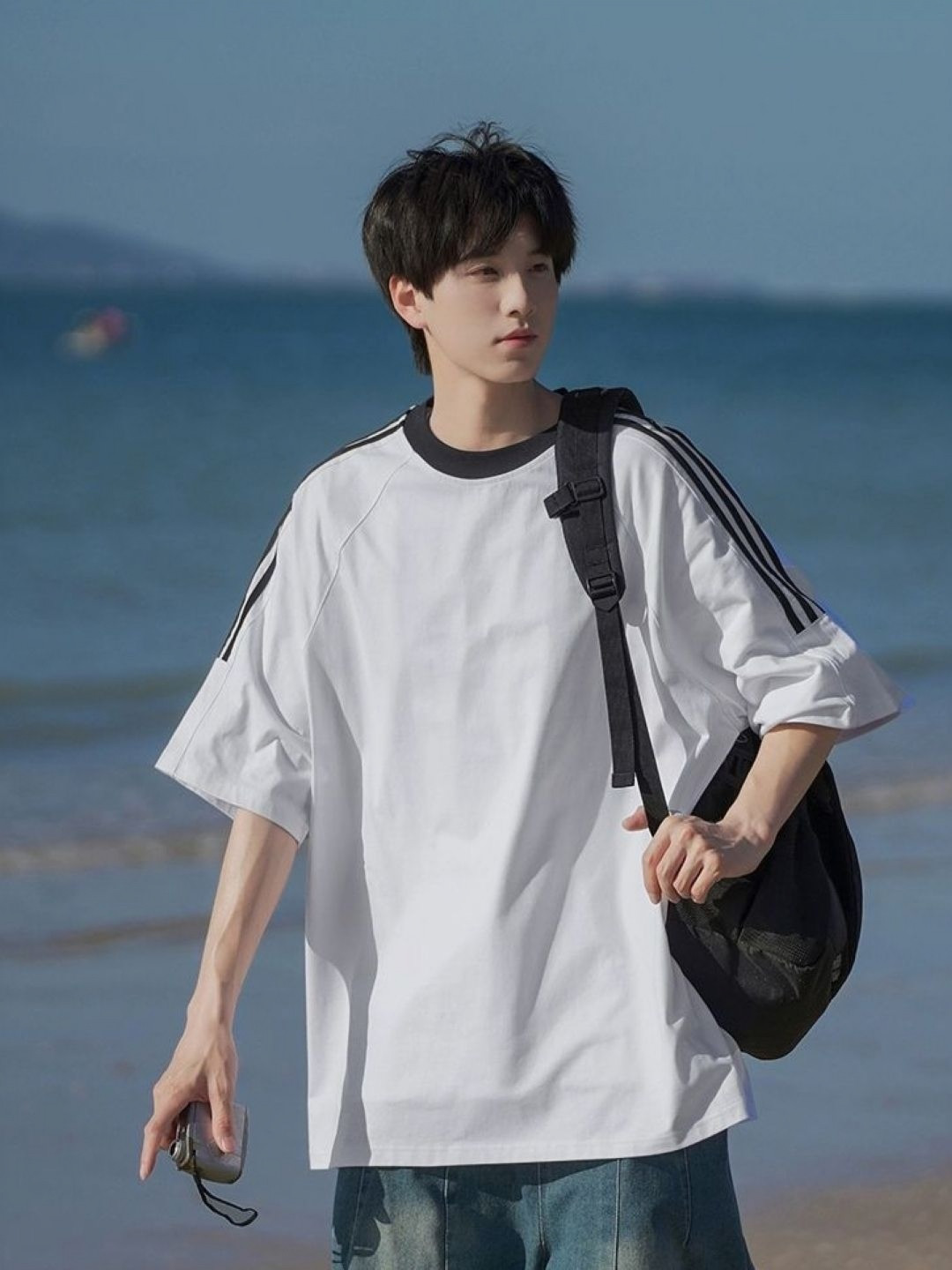 

HERE&NOW Men Striped Round Neck Cotton Oversized T-shirt, White