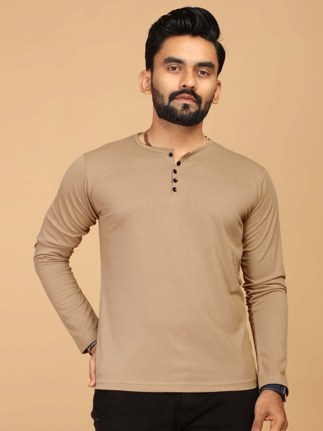 

STI Men Solid Henley Neck T-shirt, Beige
