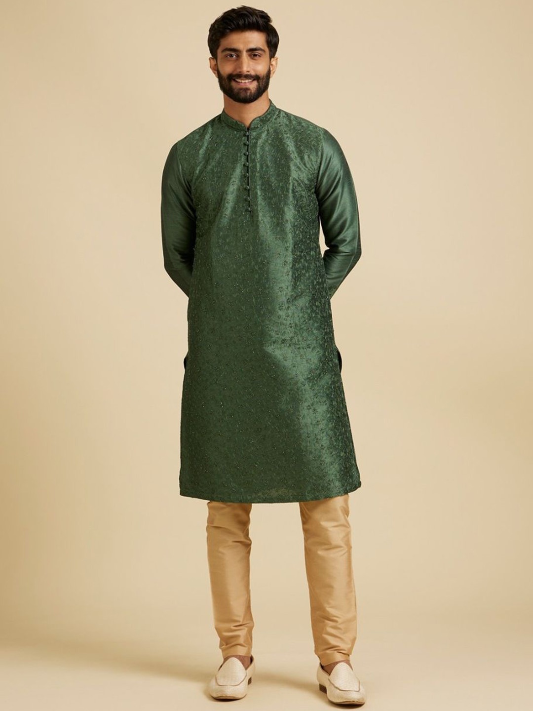 

Manyavar Green and Beige Embroidered Kurta and Pyjama