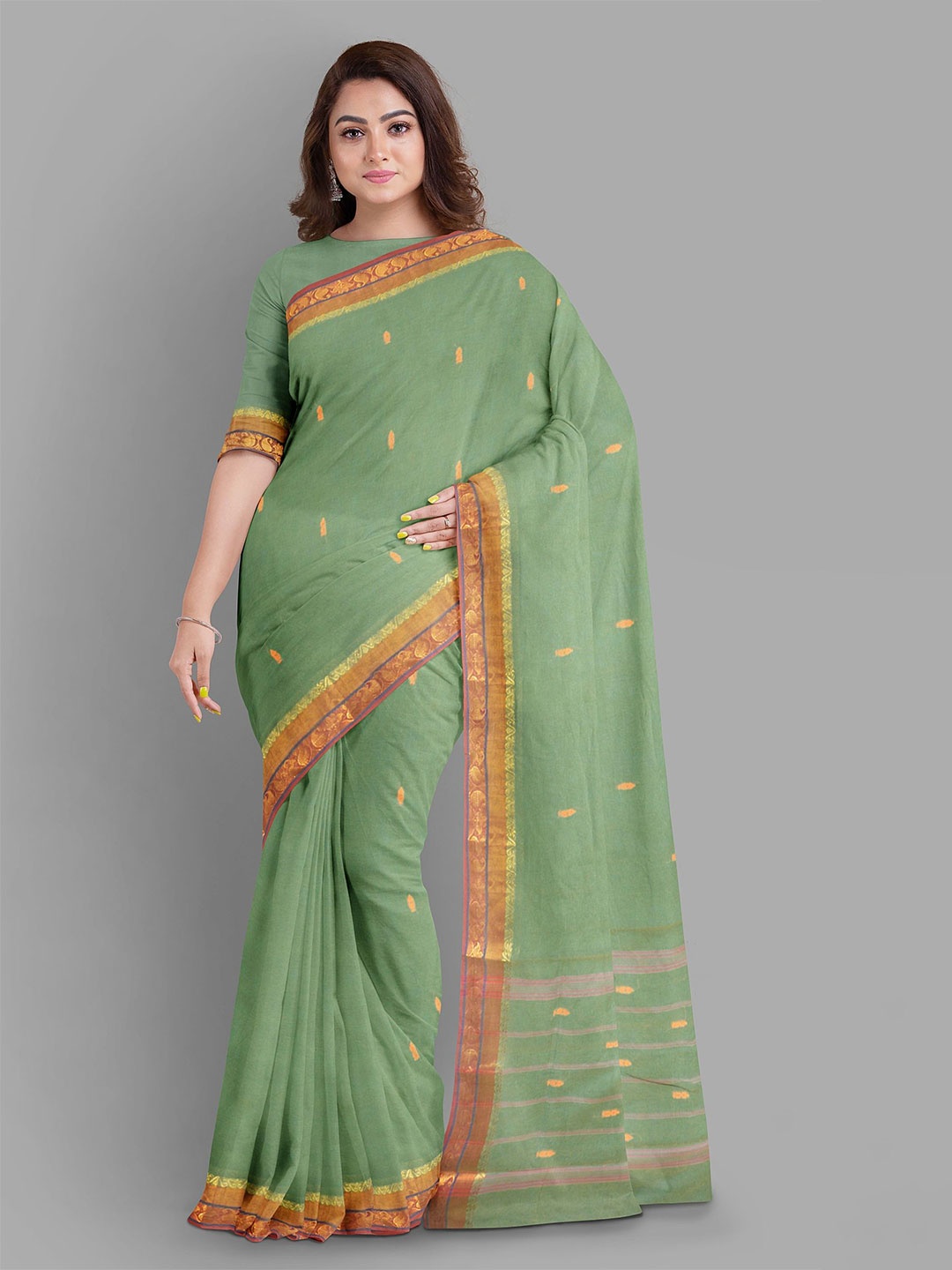 

The Chennai Silks Woven Design Pure Cotton Fusion Muga Saree, Green