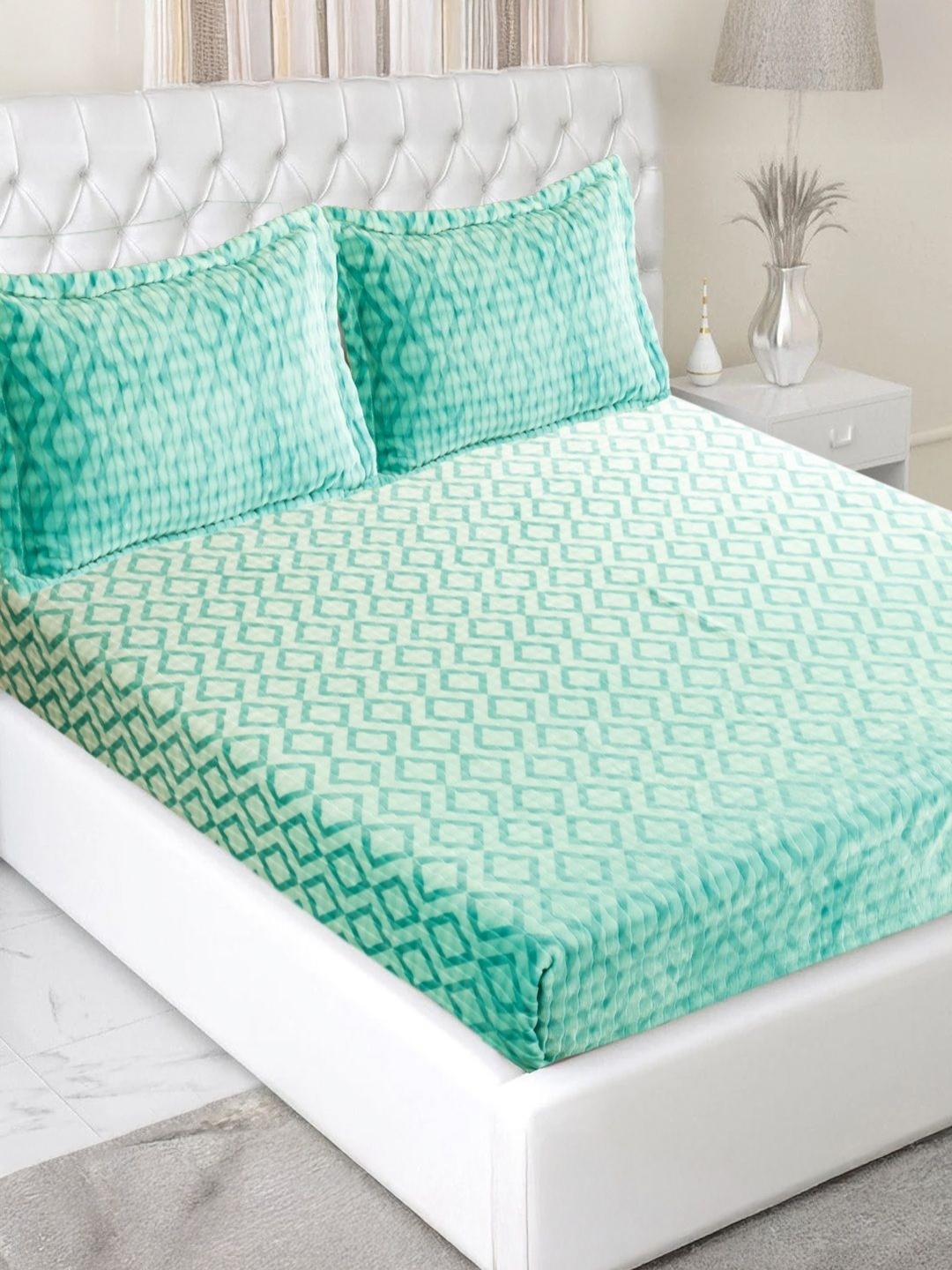 

GAPU & BALY Turquoise Blue Geometric 300 TC Wool Queen Bedsheet Set 1.83 m x 1.98 m