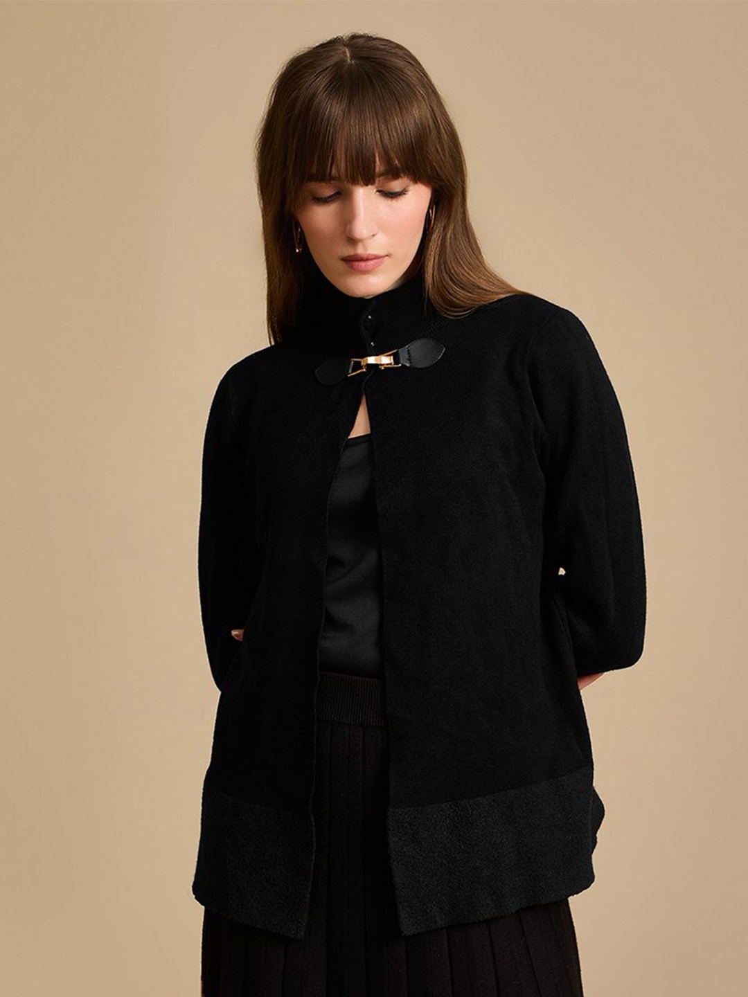 

Kazo Women Stand Collar Solid Formal Open Front Jacket, Black