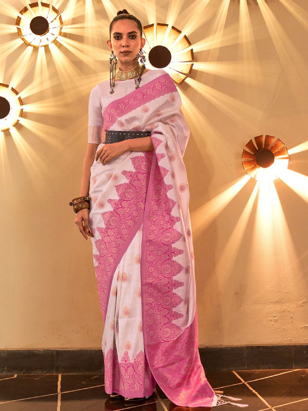 

ODETTE Woven Design Zari Saree, White