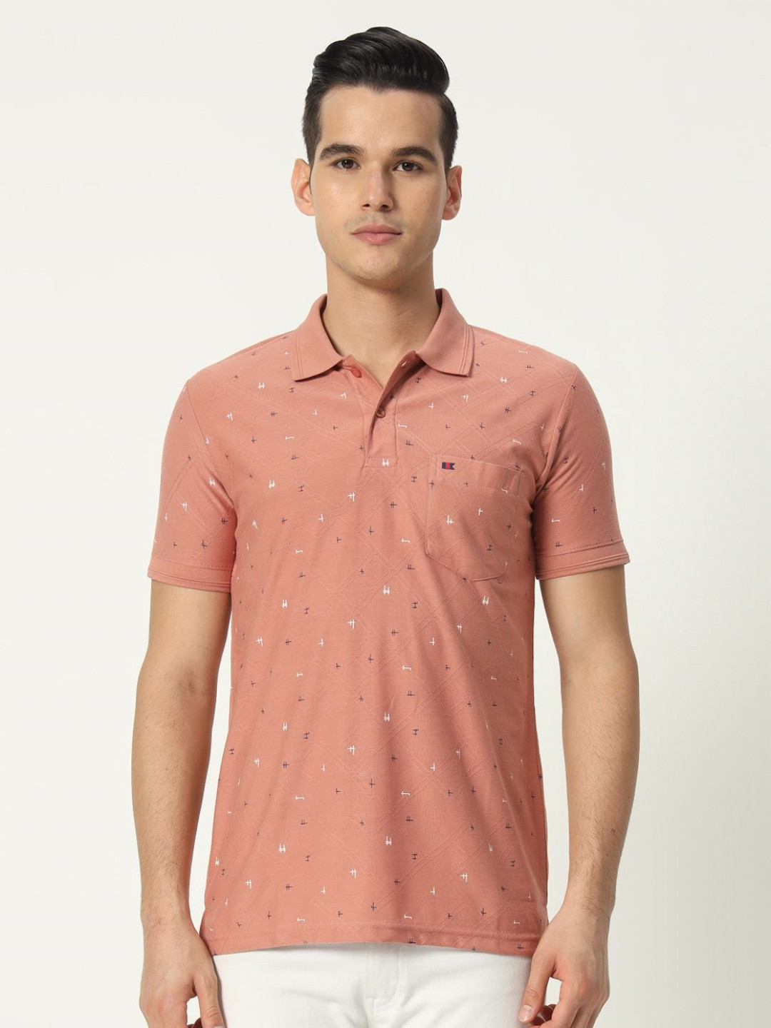 

TAB91 Men Self Design Polo Collar Cotton T-shirt, Peach