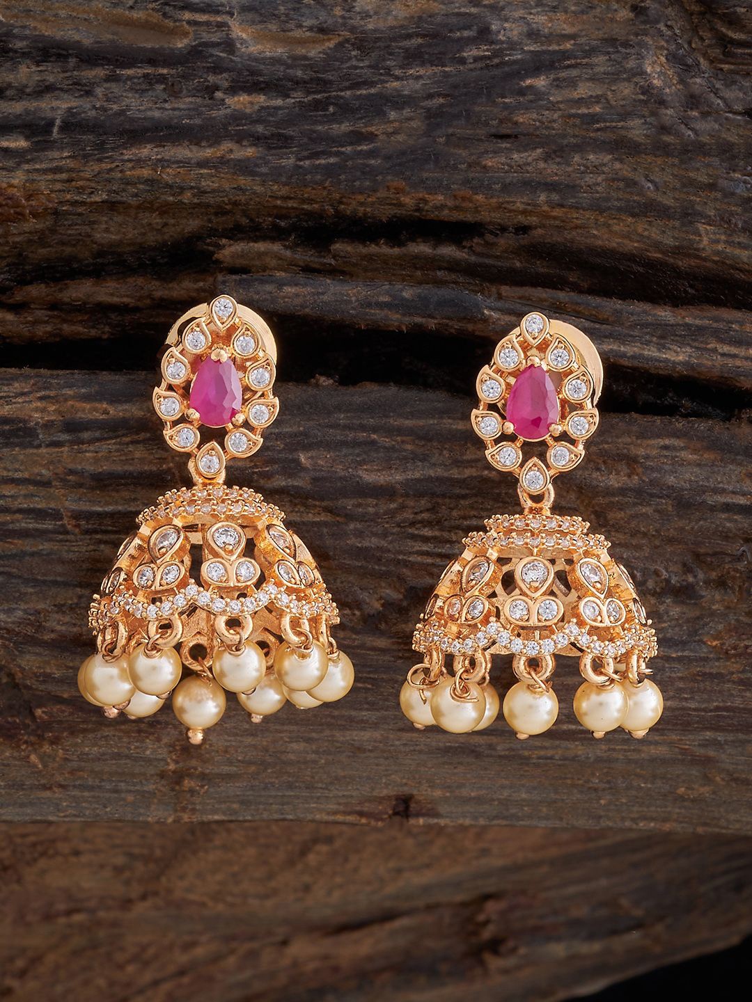 

Kushal's Fashion Jewellery Gold-Plated Zircon Studded Dome Shaped Jhumkas