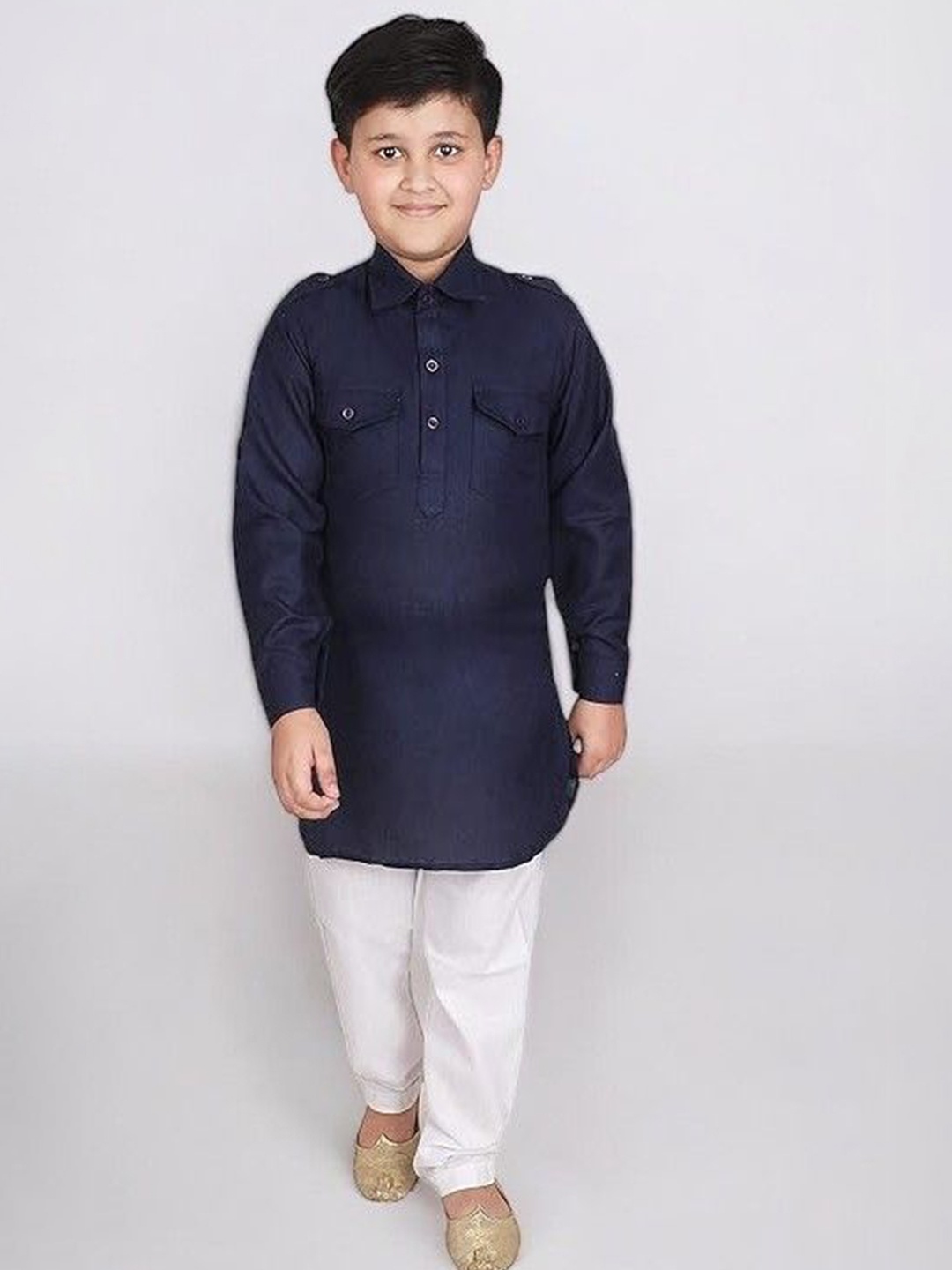 

Eliq Boys Shirt Collar Regular Pure Cotton Straight Kurta With Pyjamas, Navy blue