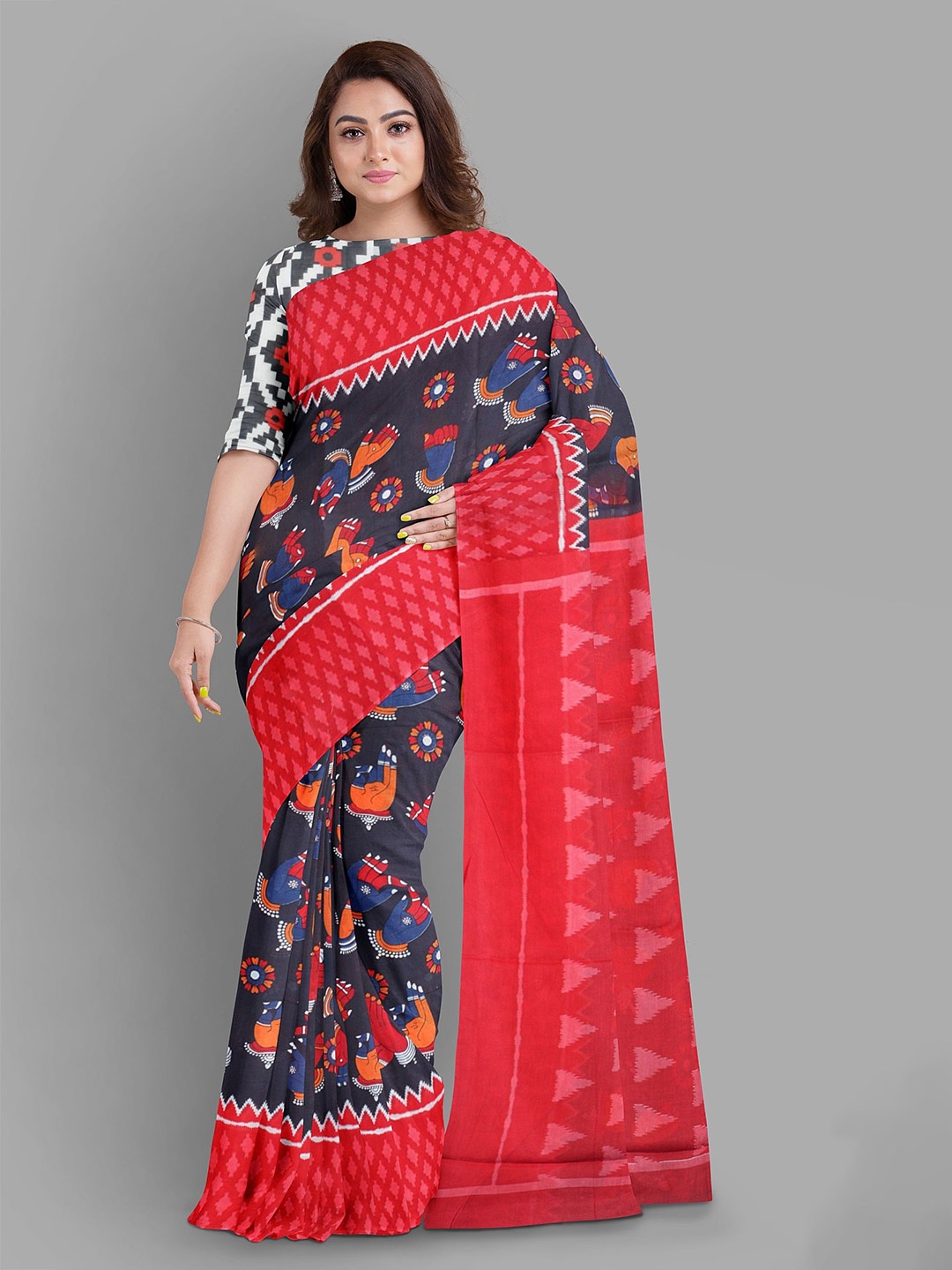 

The Chennai Silks Kalamkari Printed Pure Cotton Fusion Muga Saree, Navy blue