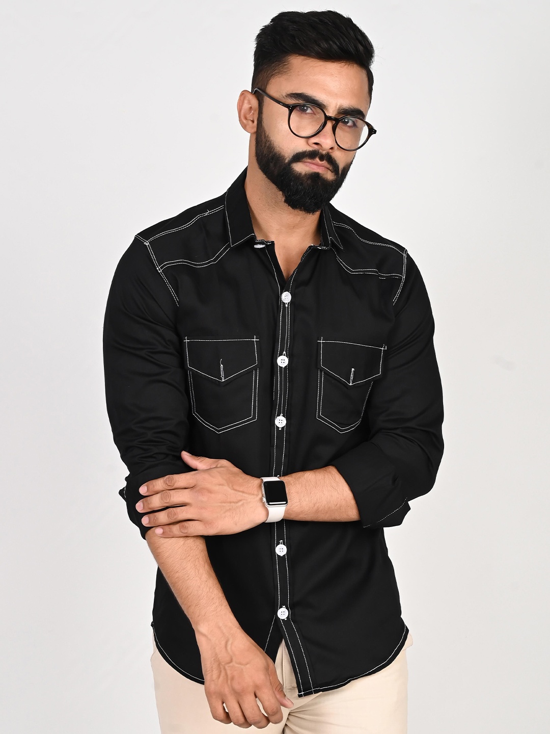 

Tanip Men Spread Collar Solid Cotton Casual Shirt, Black