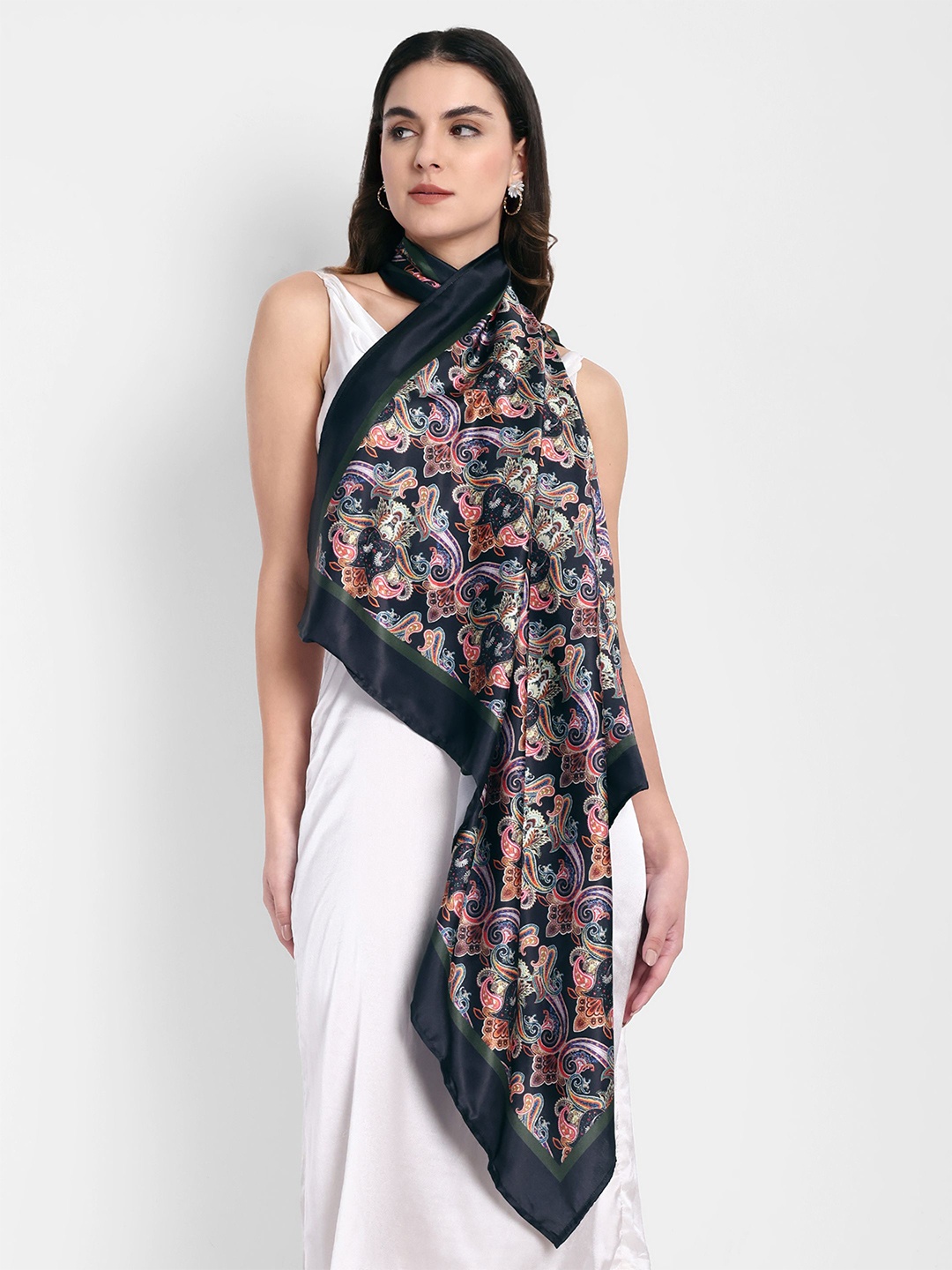 

Sarisp Women Satin Printed Scarf, Black