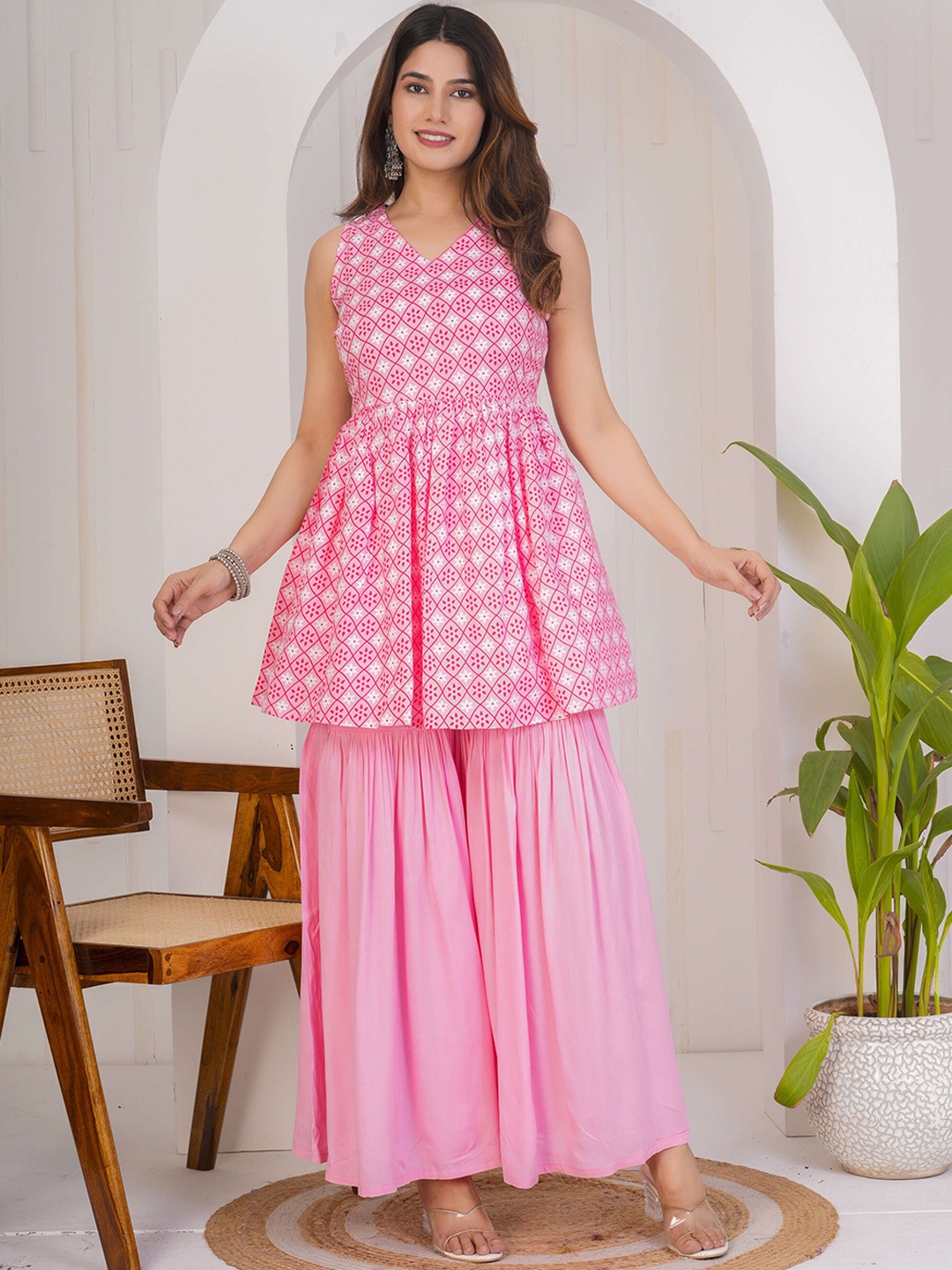 

KALINI Floral Printed Regular A-Line Kurta with Sharara, Pink