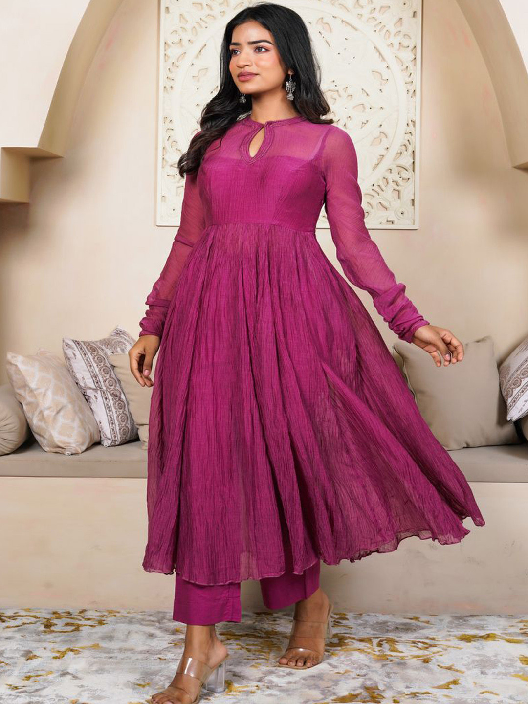 

IMRIE India Key-Hole Neck Pleated Anarkali Kurta with Trousers, Purple