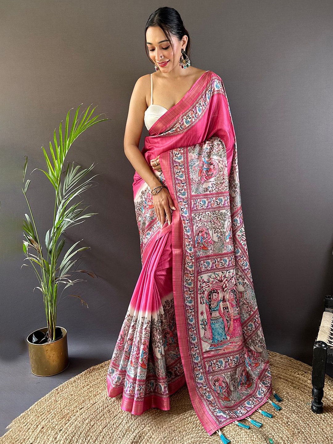

Mitera Kalamkari Printed Tussar Saree, Pink