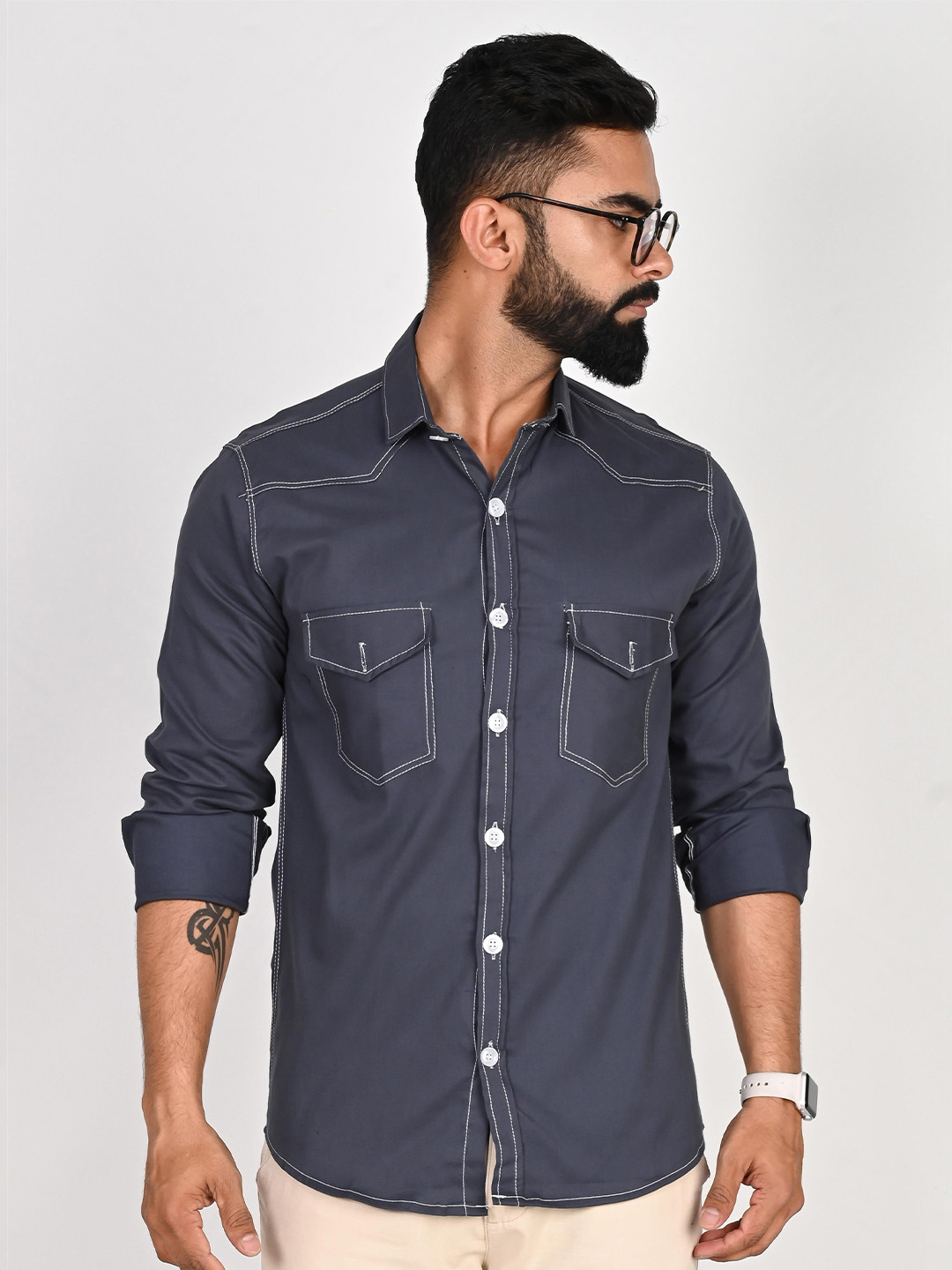 

Tanip Men Spread Collar Solid Cotton Casual Shirt, Grey