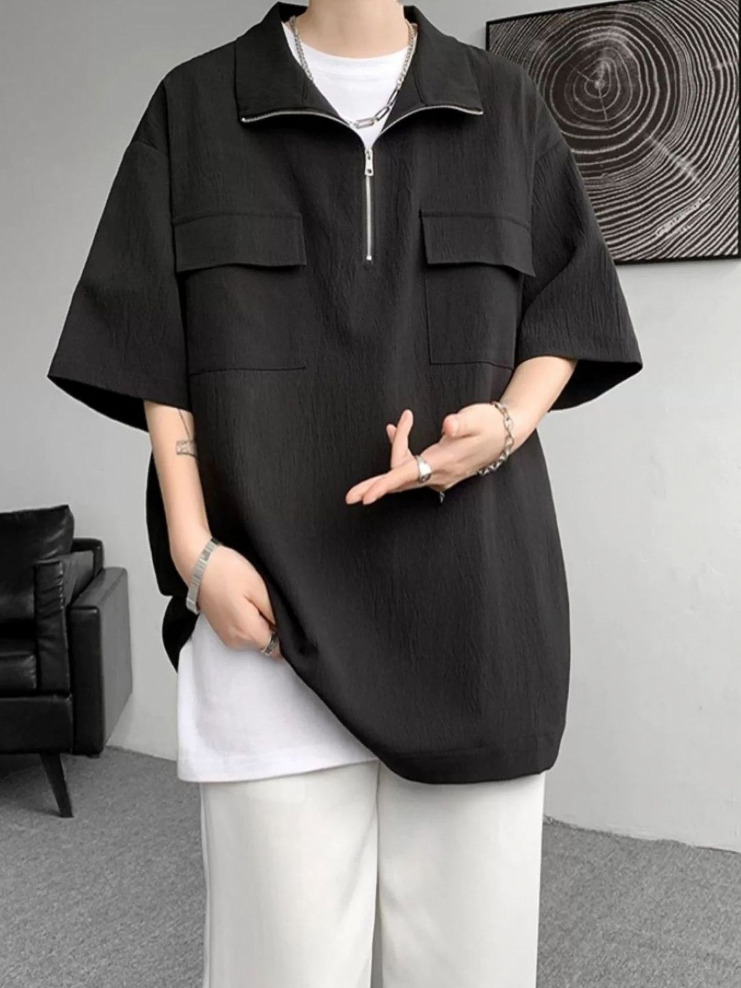 

HERE&NOW Men Self Design High Neck Oversized T-shirt, Black