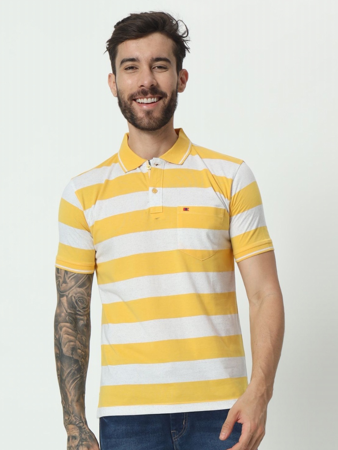 

TAB91 Men Striped Polo Collar Cotton T-shirt, Yellow