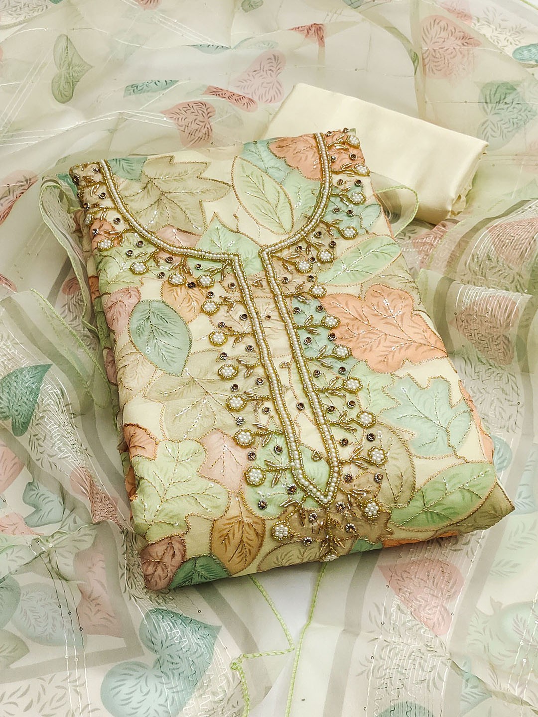 

KALINI Embroidered Organza Unstitched Dress Material, Green