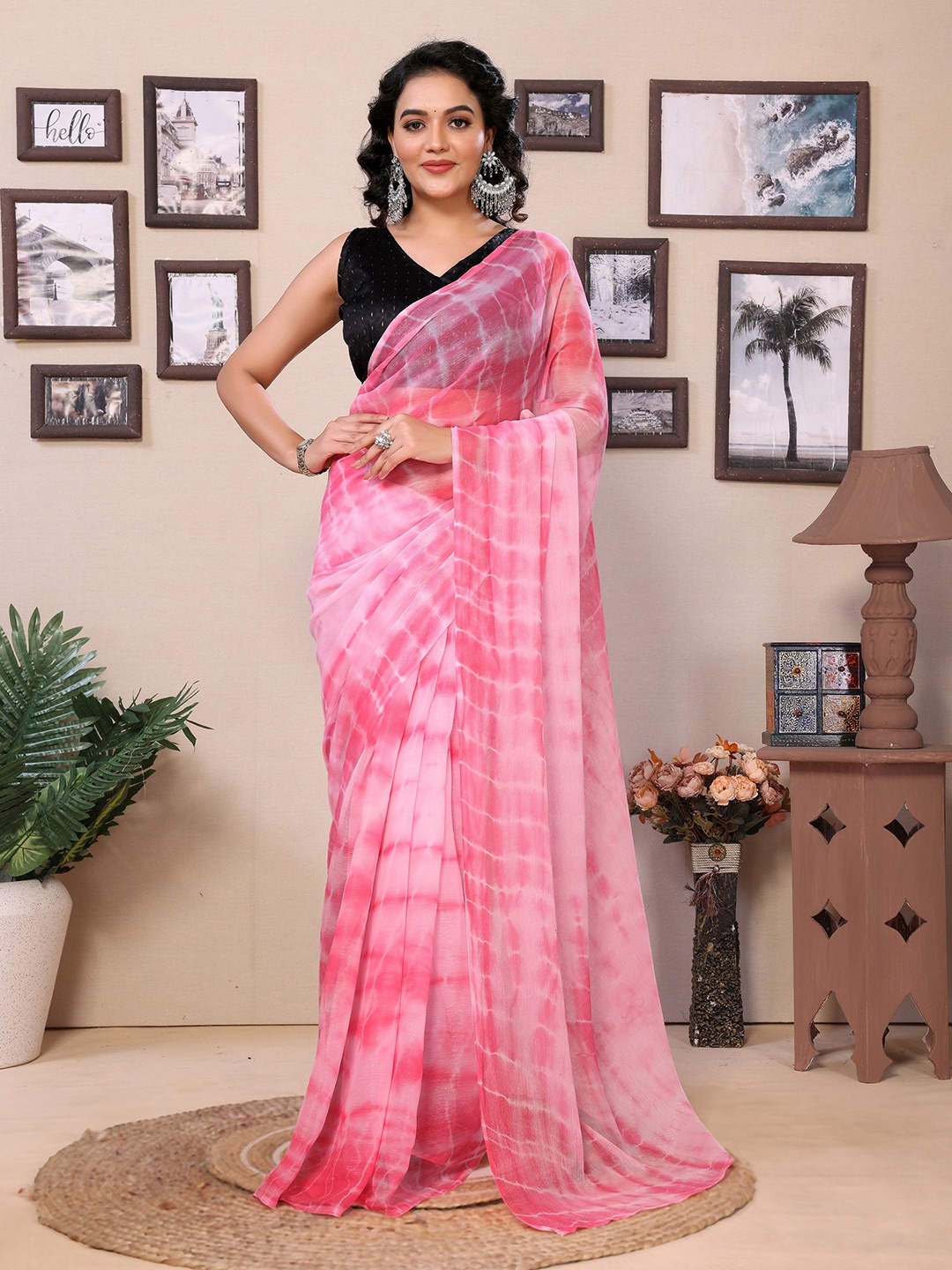 

LeeliPeeri Designer Tie and Dye Pure Georgette Ready to Wear Saree, Pink