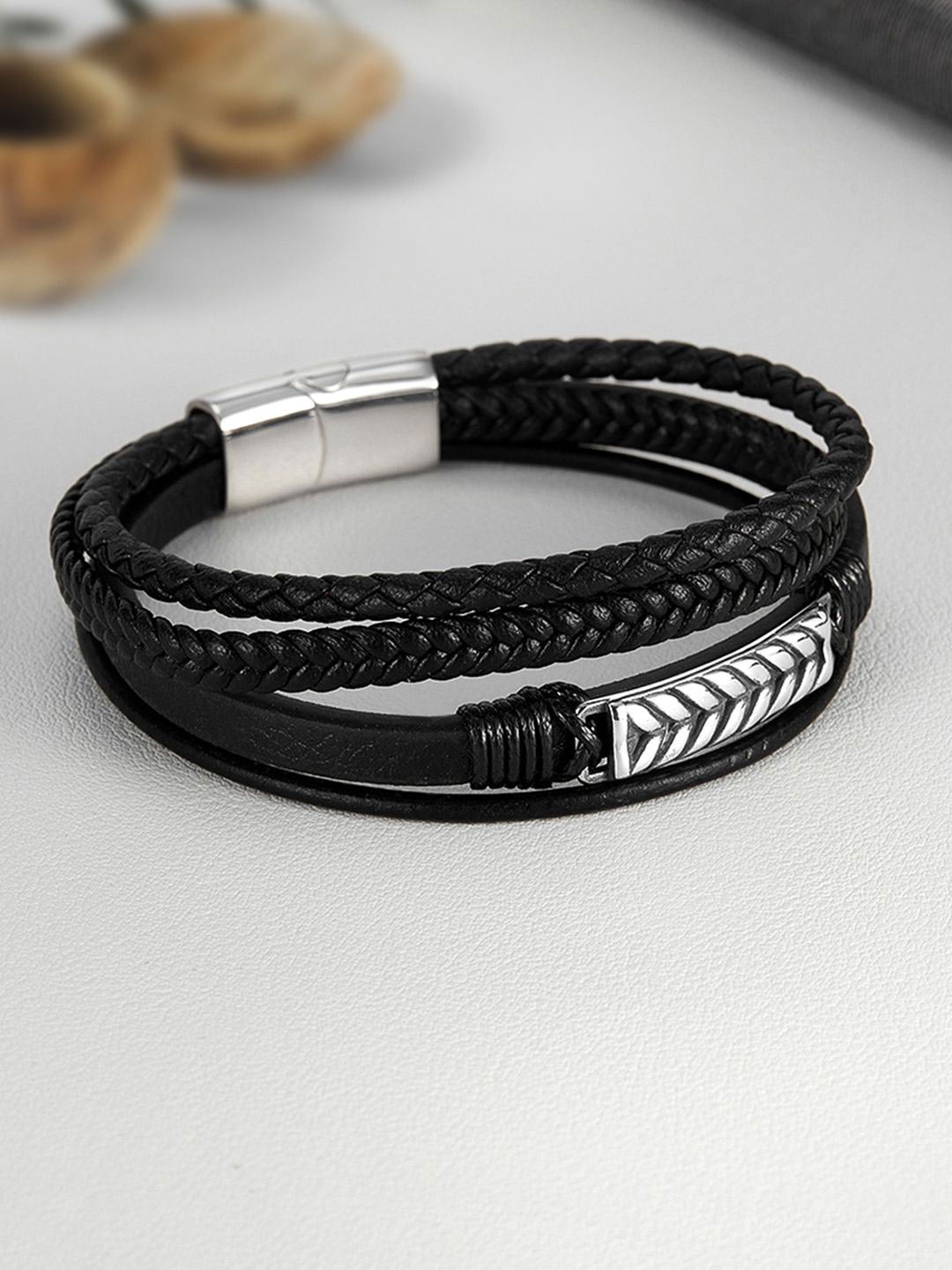 

Peora Men Silver-Plated Stainless Steel Wraparound Bracelet, Black