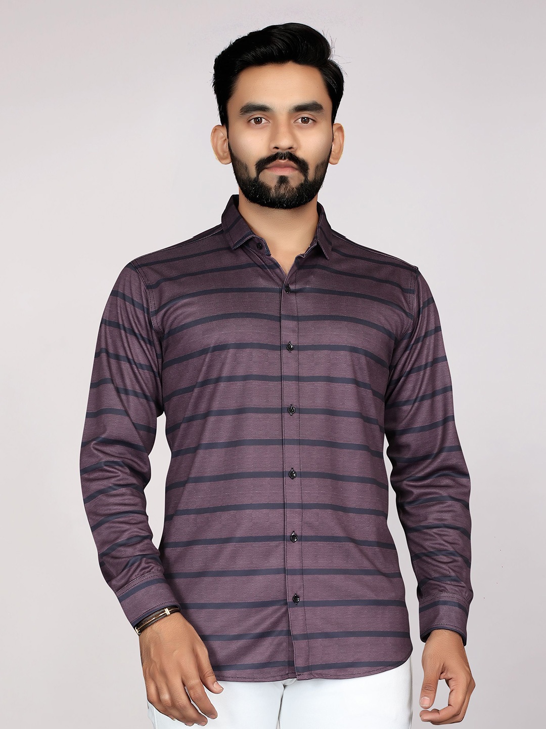 

STI Men Spread Collar Horizontal Striped Casual Shirt, Purple
