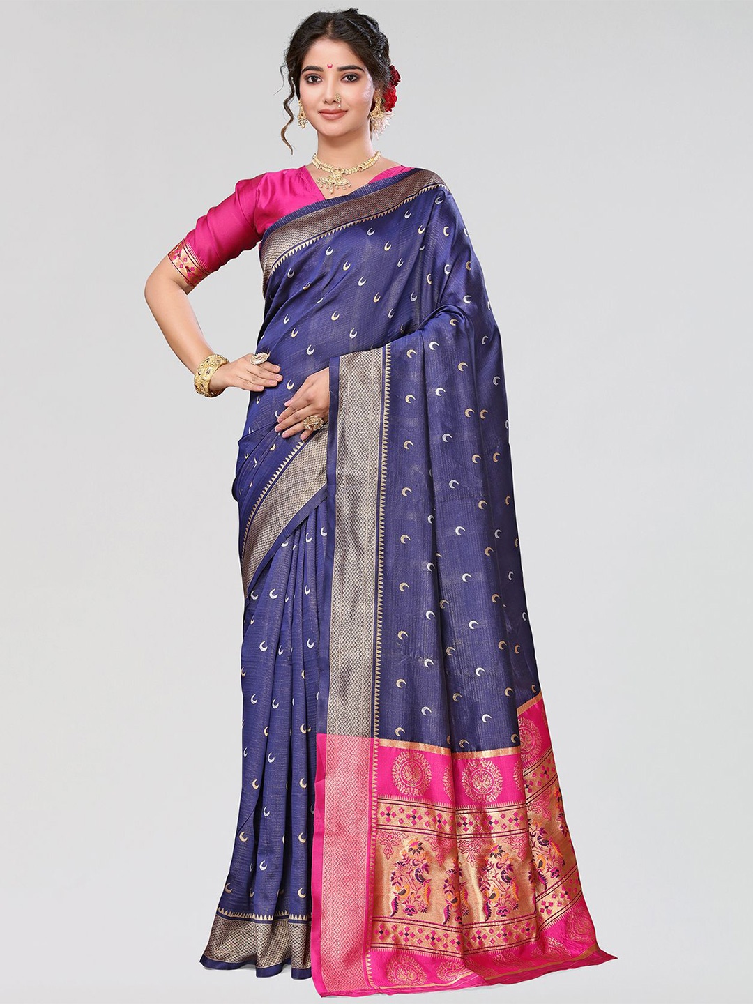 

KALINI Woven Design Zari Silk Cotton Saree, Navy blue