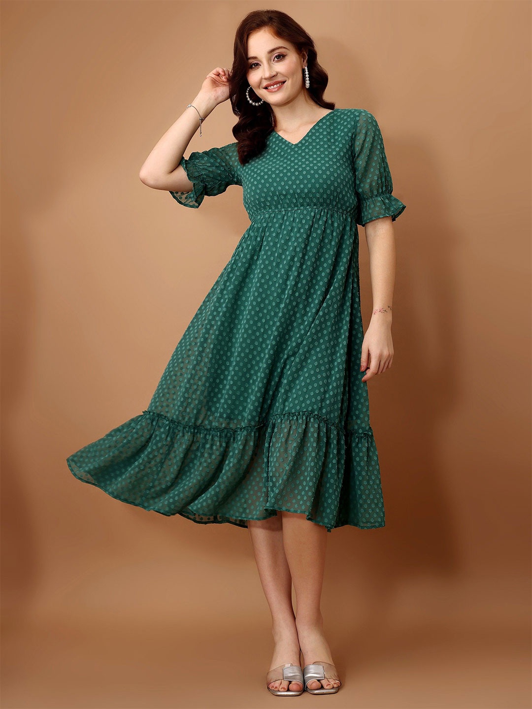 

all about you Women Polka Dot Printed Fit & Flare Midi Dress, Green