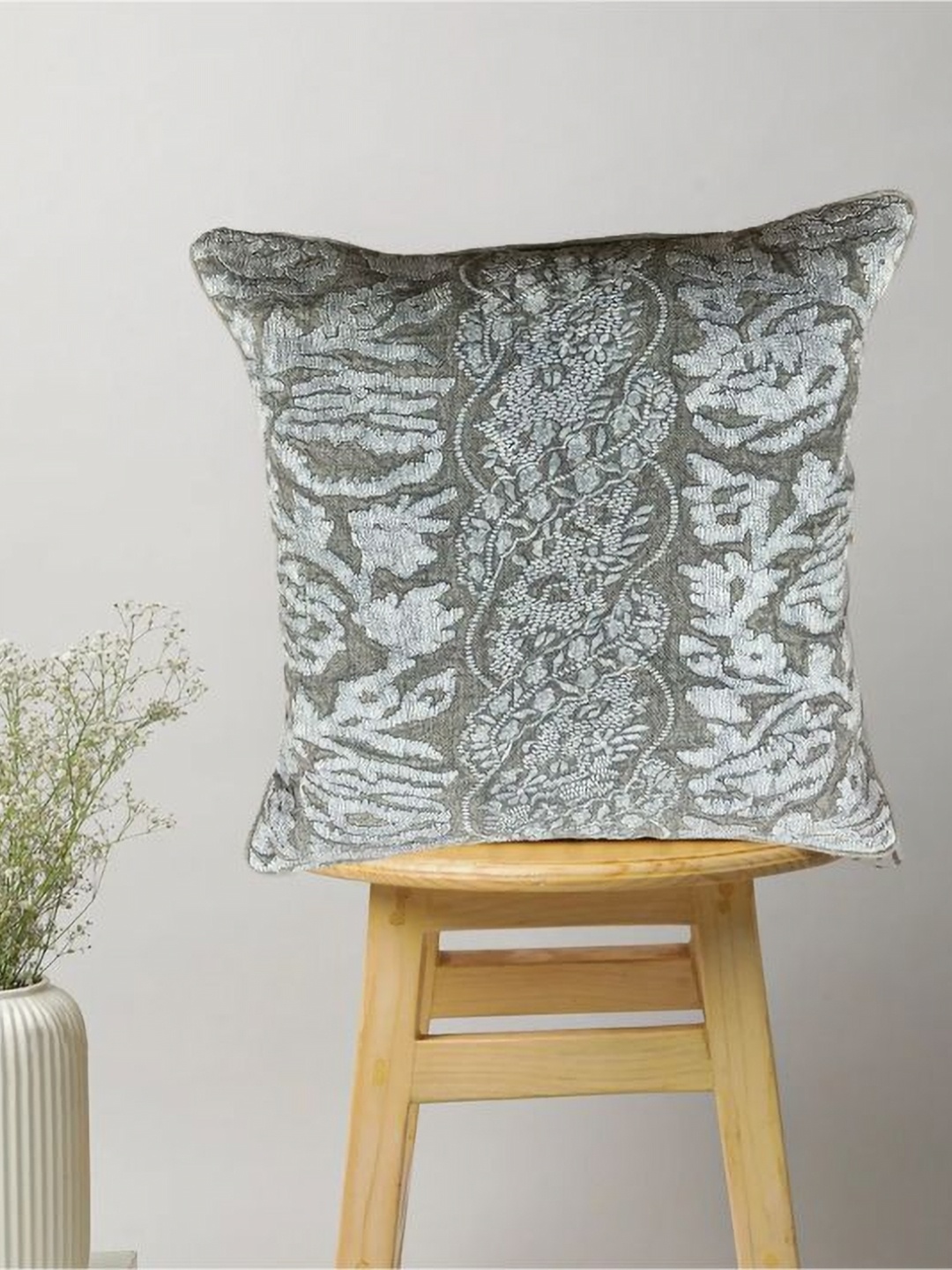 

SAJAVAT Grey & Silver Toned Embroidered Pure Cotton Square Cushion Cover