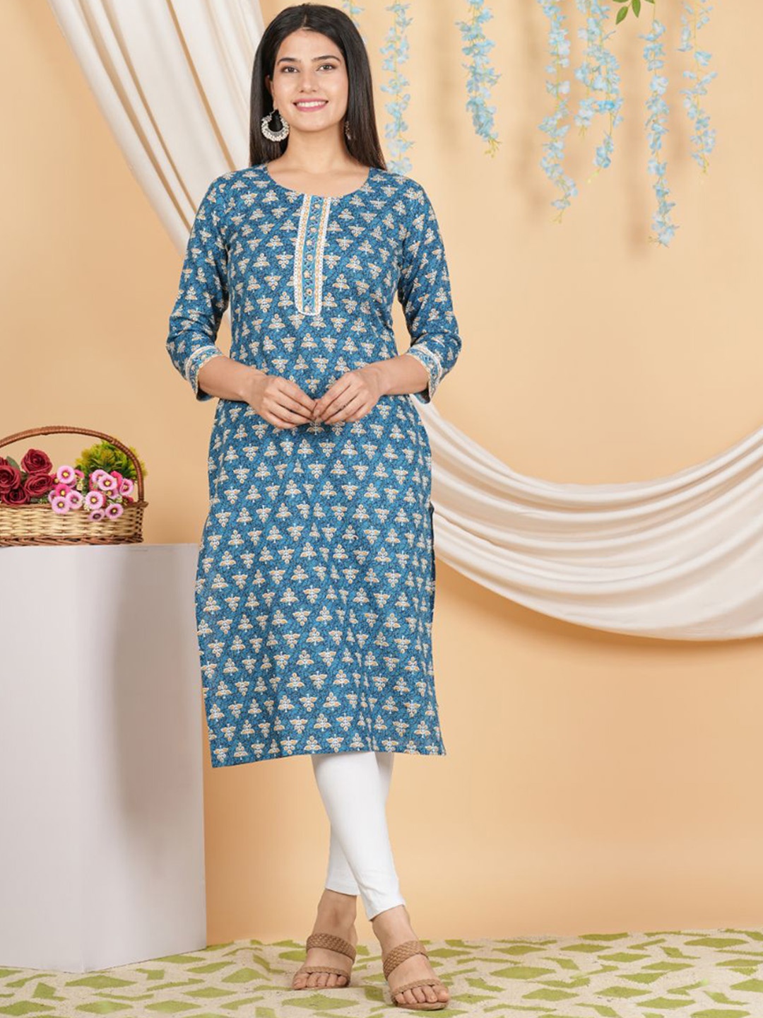 

KALINI Floral Printed Straight Kurta, Blue