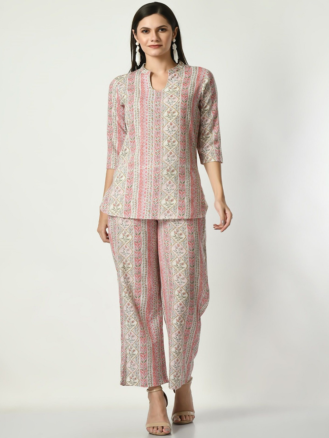 

VAPPSYAM Floral Printed Mandarin Collar Pure Cotton Casual Tunic With Trousers, Pink